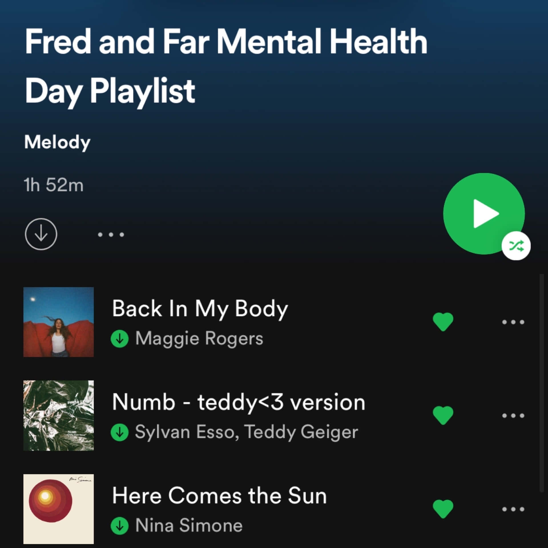 「Fred and Far Mental Health Day Playlist」的Spotify播放清單畫面，顯示三首歌曲。
