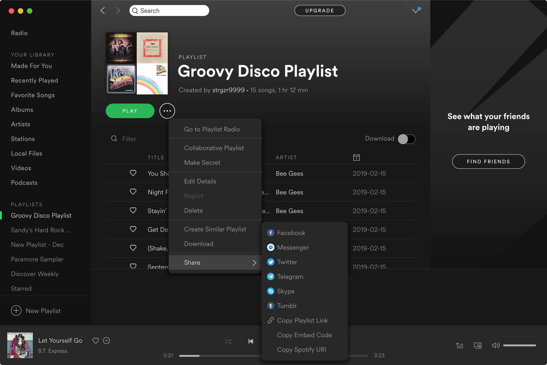 Spotify 應用程式顯示迪斯科播放清單，並展開分享選項。