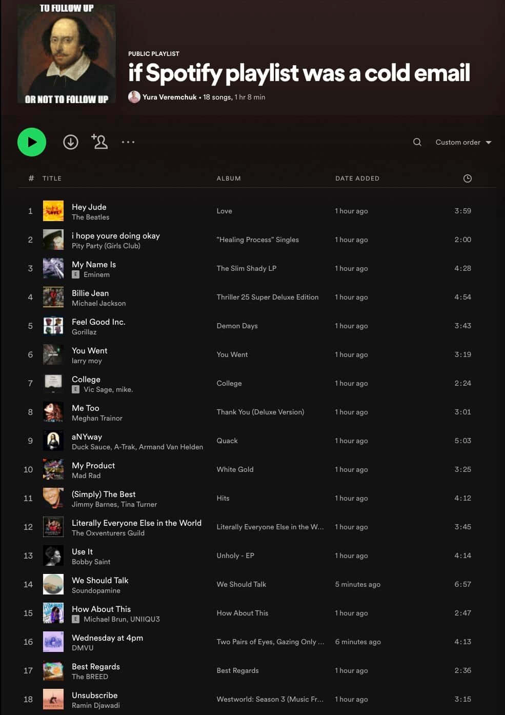 名為「if Spotify playlist was a cold email」的Spotify播放清單，附有莎士比亞肖像和歌曲列表。