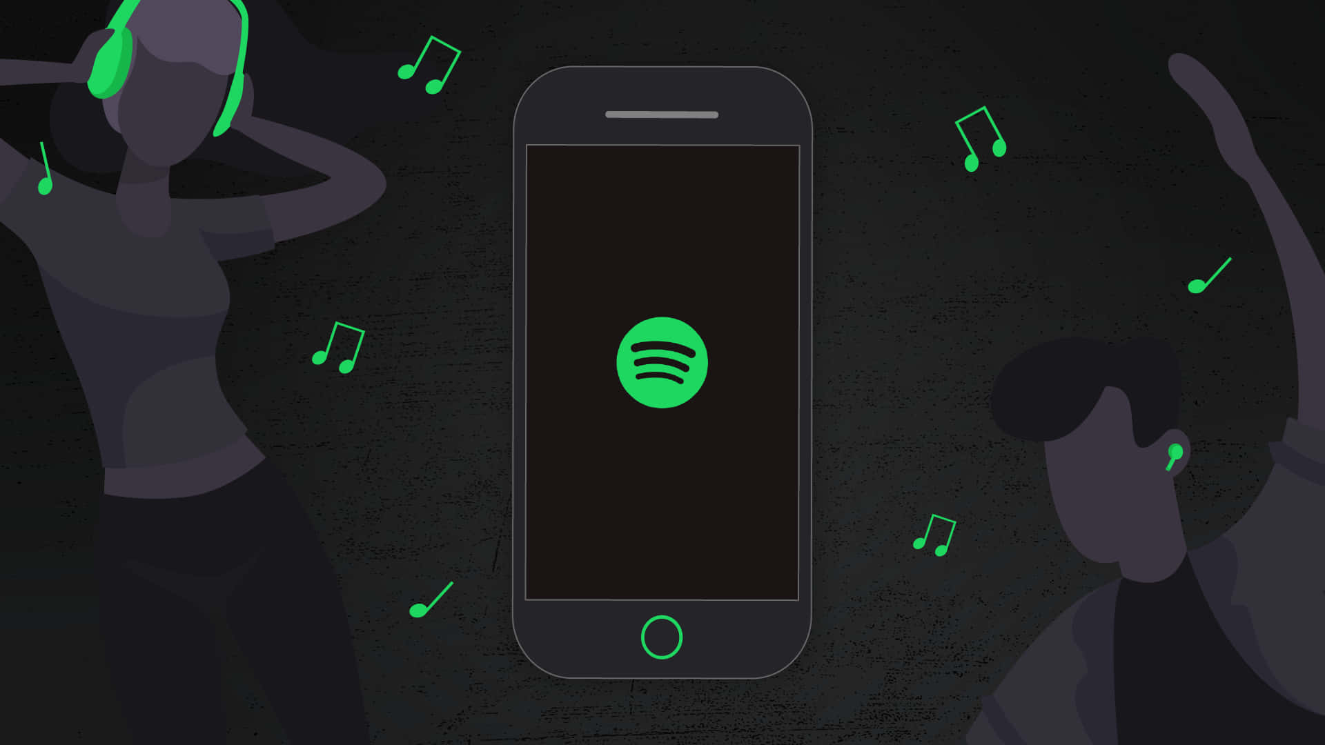 用Spotify為你的每一天打造完美背景音樂 壁紙 — 兩個風格化的人物圍繞著一部顯示Spotify標誌的智能手機跳舞，發光的綠色音符在黑暗背景中漂浮。