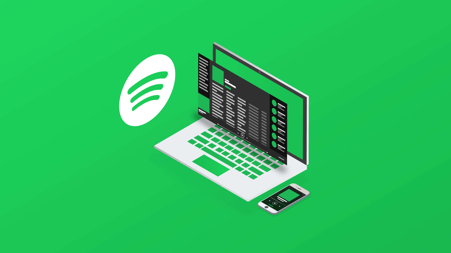用Spotify開啟你的音樂世界 壁紙 — 在鮮豔的綠色背景上，展示Spotify標誌、筆記型電腦和手機顯示音樂界面的等距插圖。
