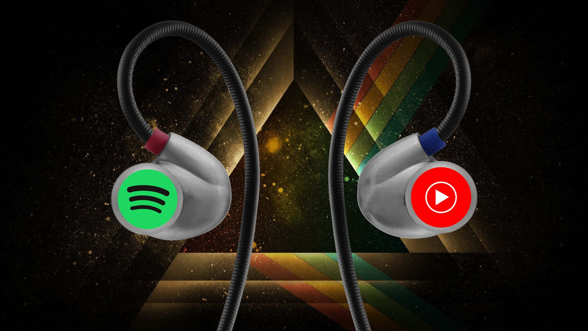 用Spotify開啟音樂世界 壁紙 — 兩款印有Spotify和YouTube標誌的時尚入耳式耳機，漂浮在宇宙彩虹漸變背景上。