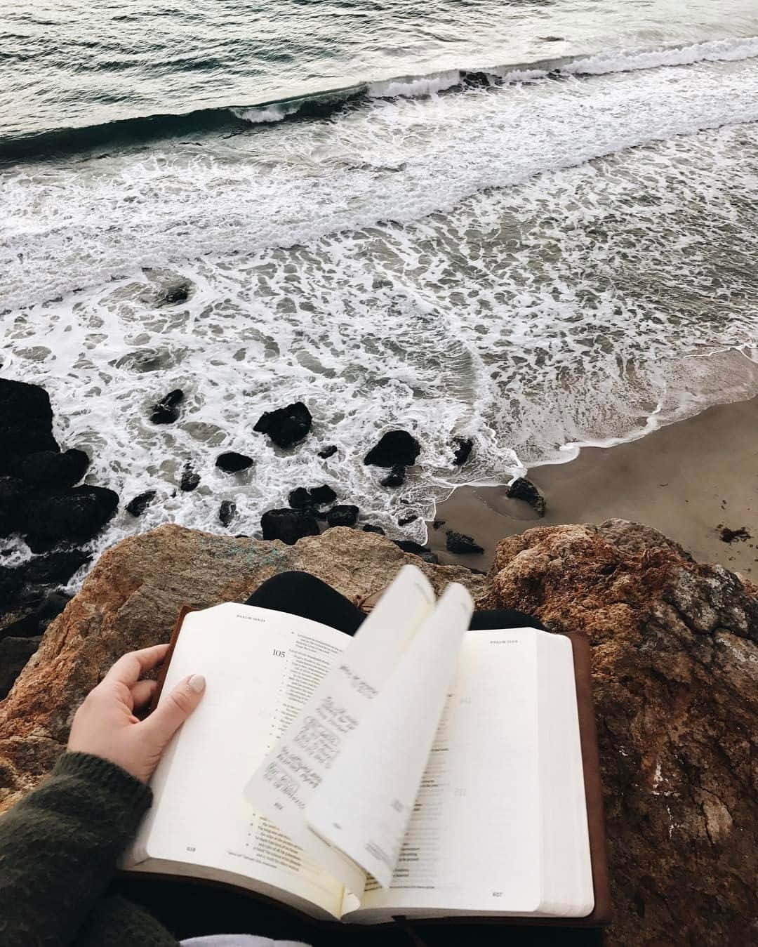 一個人在懸崖上閱讀一本書，俯瞰著海浪。