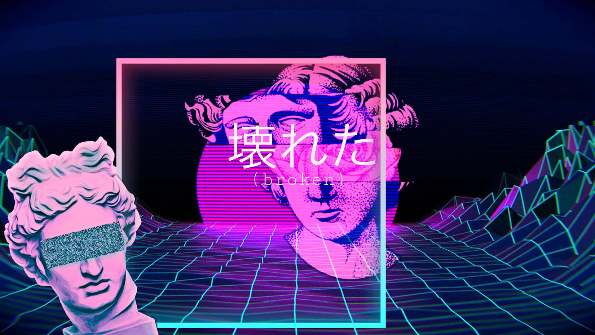 霓虹賽博龐克網格中的古典雕像與破碎日文字體