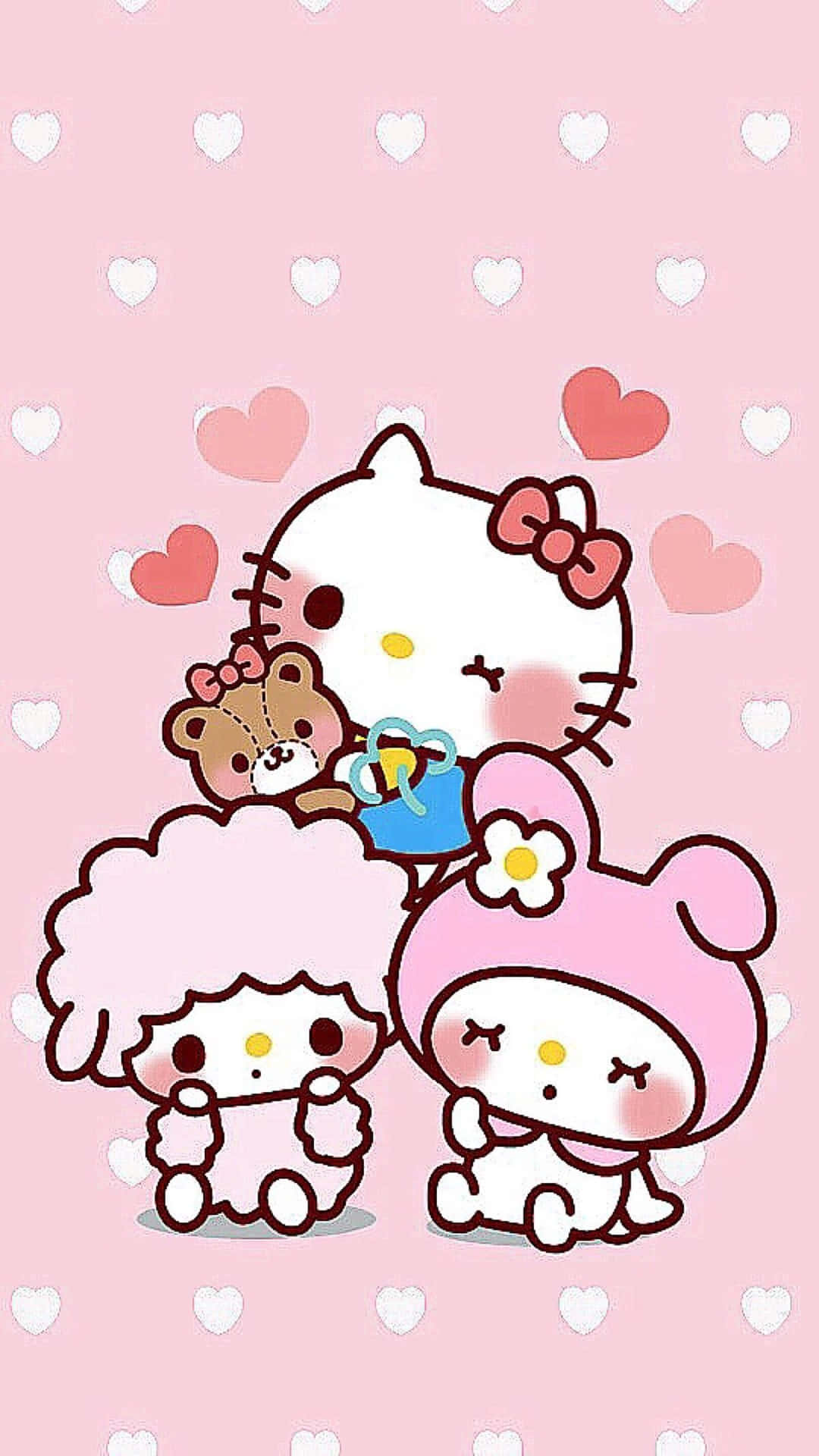 Hello Kitty 和朋友們在粉紅色背景上擁抱心形