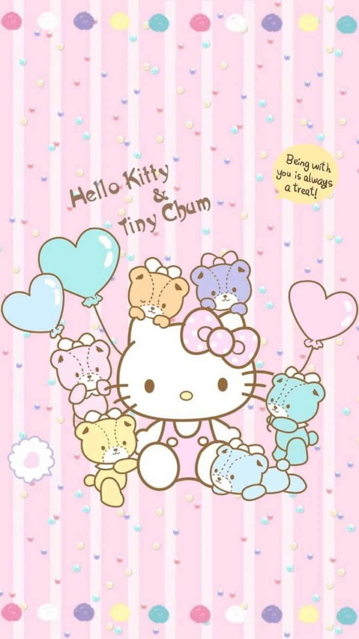 Hello Kitty 和她的小熊朋友們在粉紅條紋背景上拿著氣球。