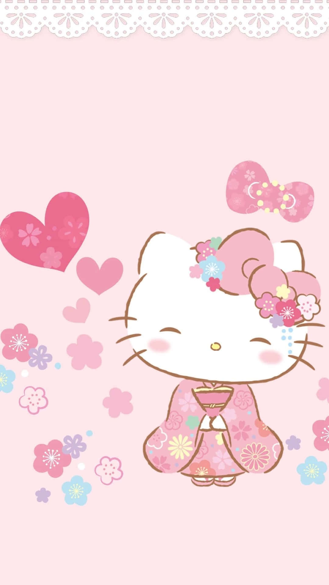 Hello Kitty 穿著花卉和服，在粉紅色背景上被心形和花朵包圍