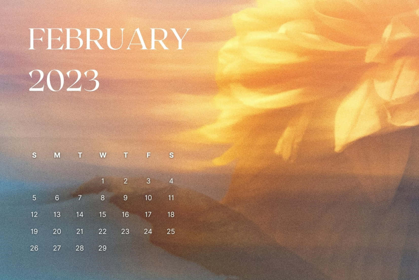2023年2月日曆，抽象橙色和藍色背景。