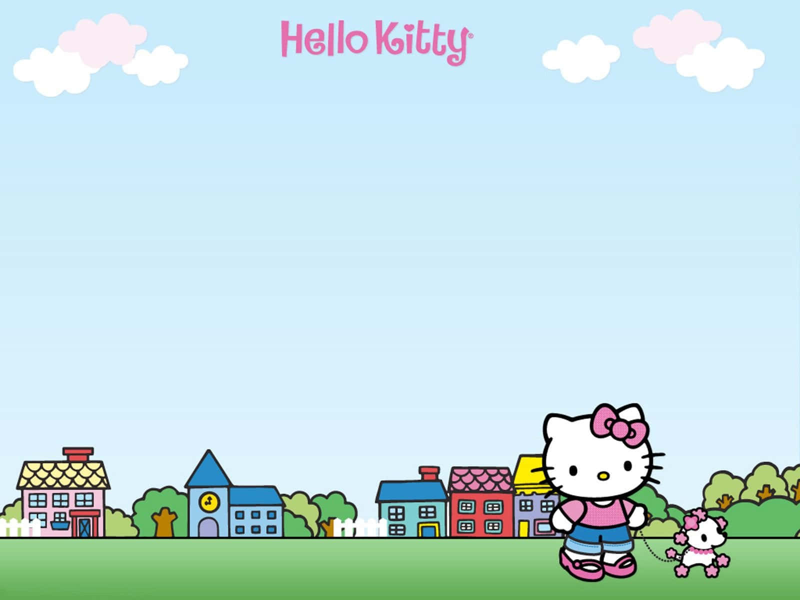 Hello Kitty 和她的狗狗在一個有粉彩房屋和雲朵的色彩繽紛卡通小鎮中行走。
