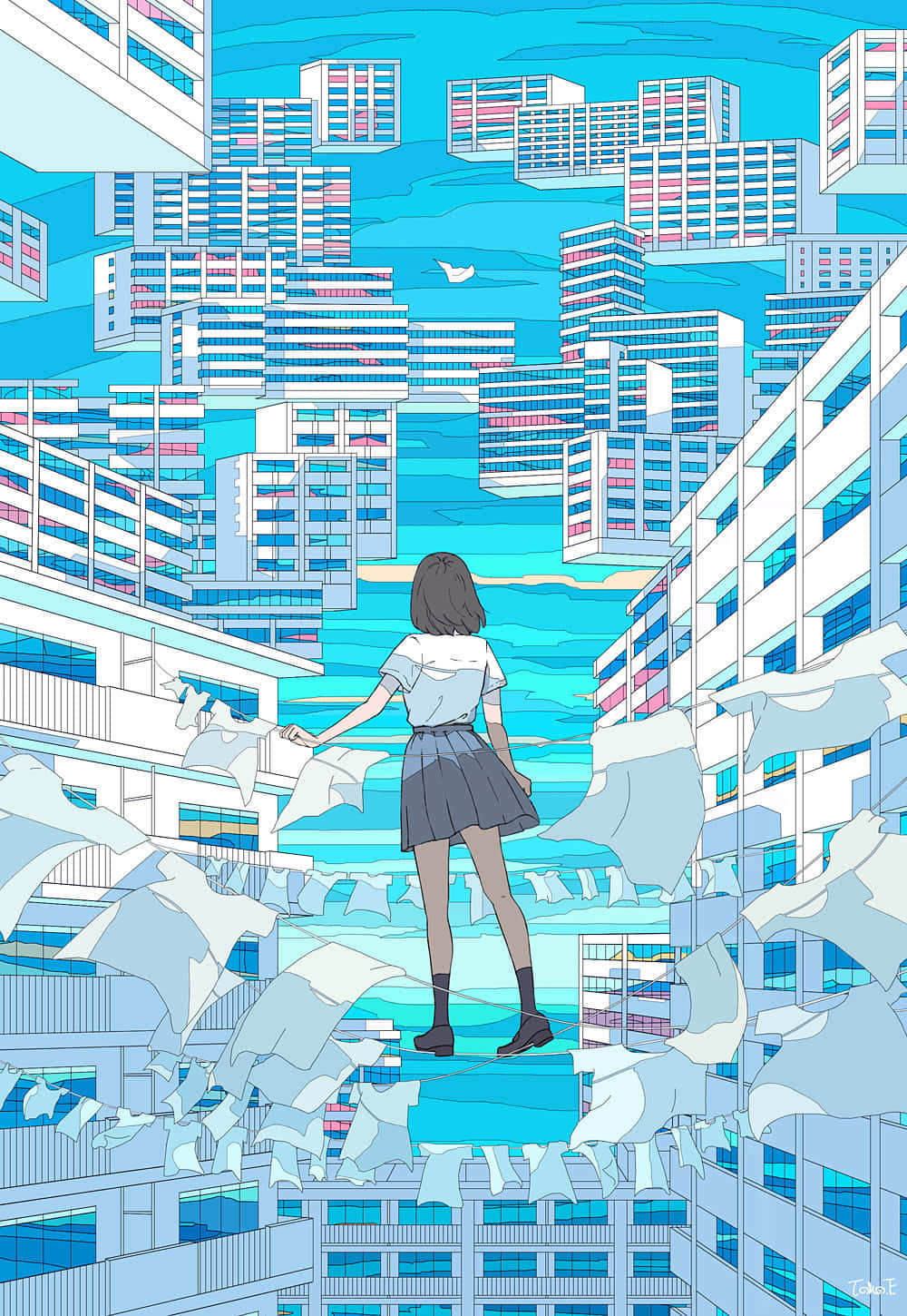 穿著校服的女孩站在超現實藍色城市景觀中的漂浮平台上。