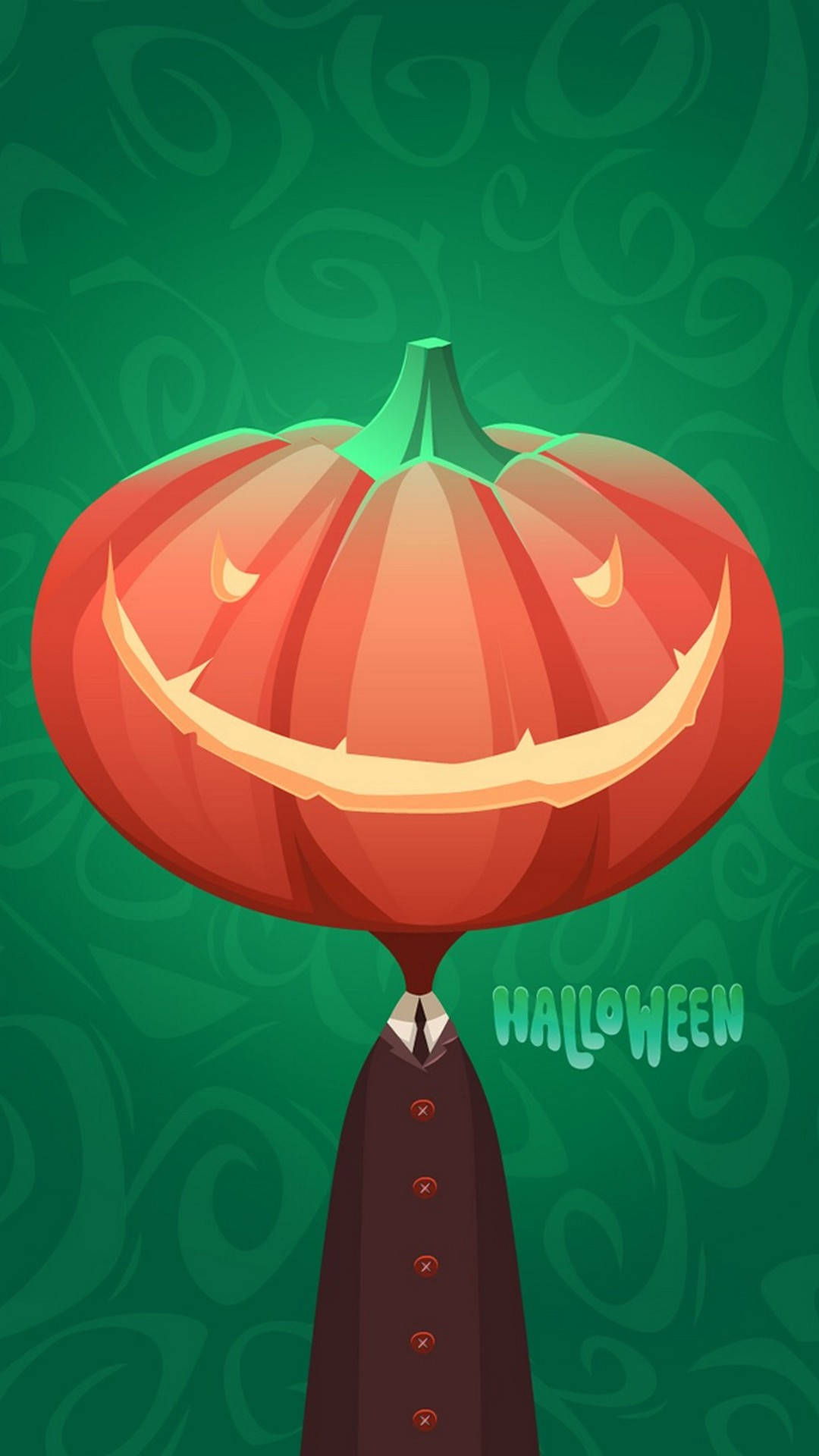 一個微笑的傑克南瓜燈穿著西裝，綠色旋轉背景上有「HALLOWEEN」文字。