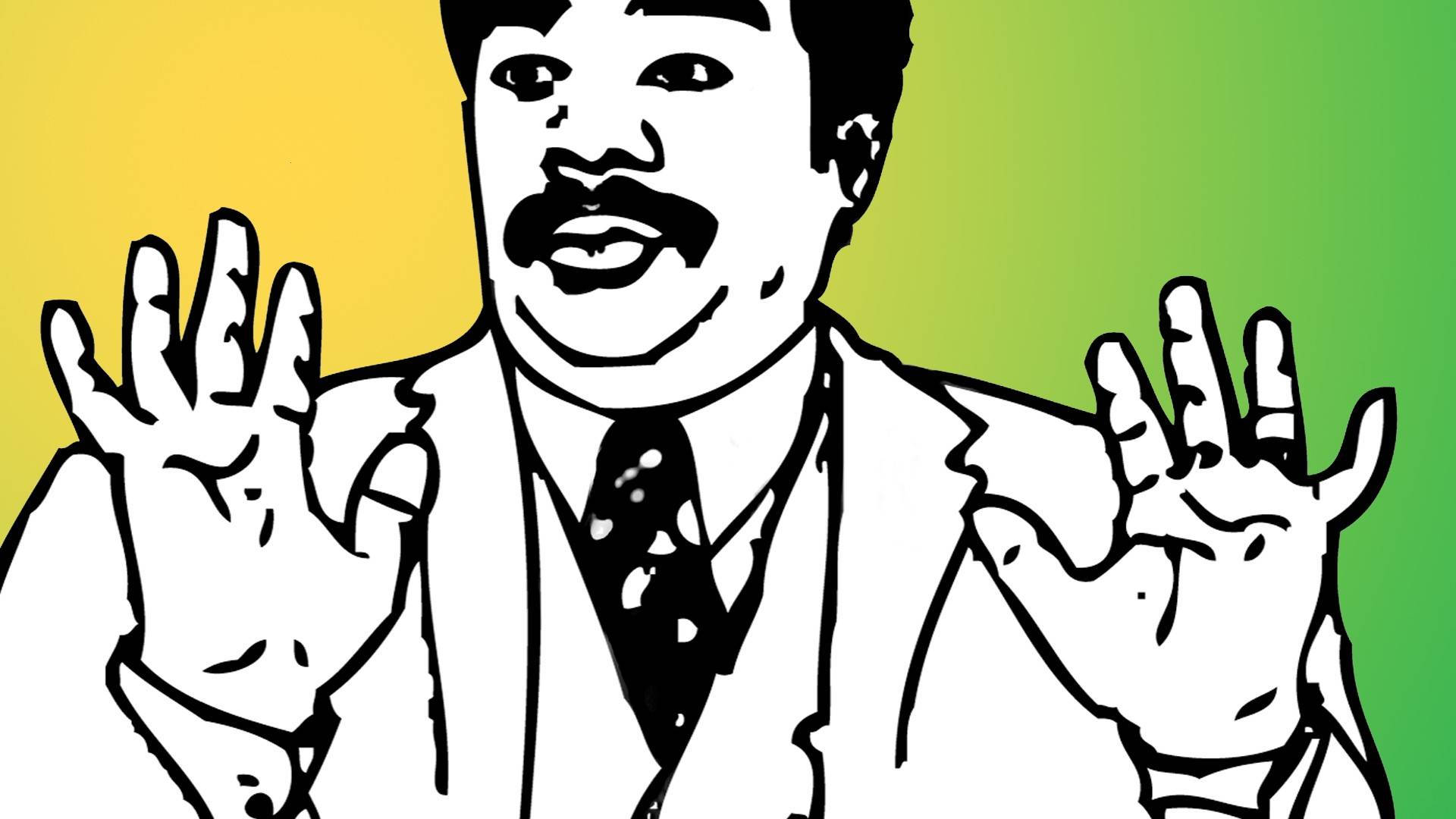 一個卡通西裝男雙手舉起做出歡迎手勢，露出笑容。