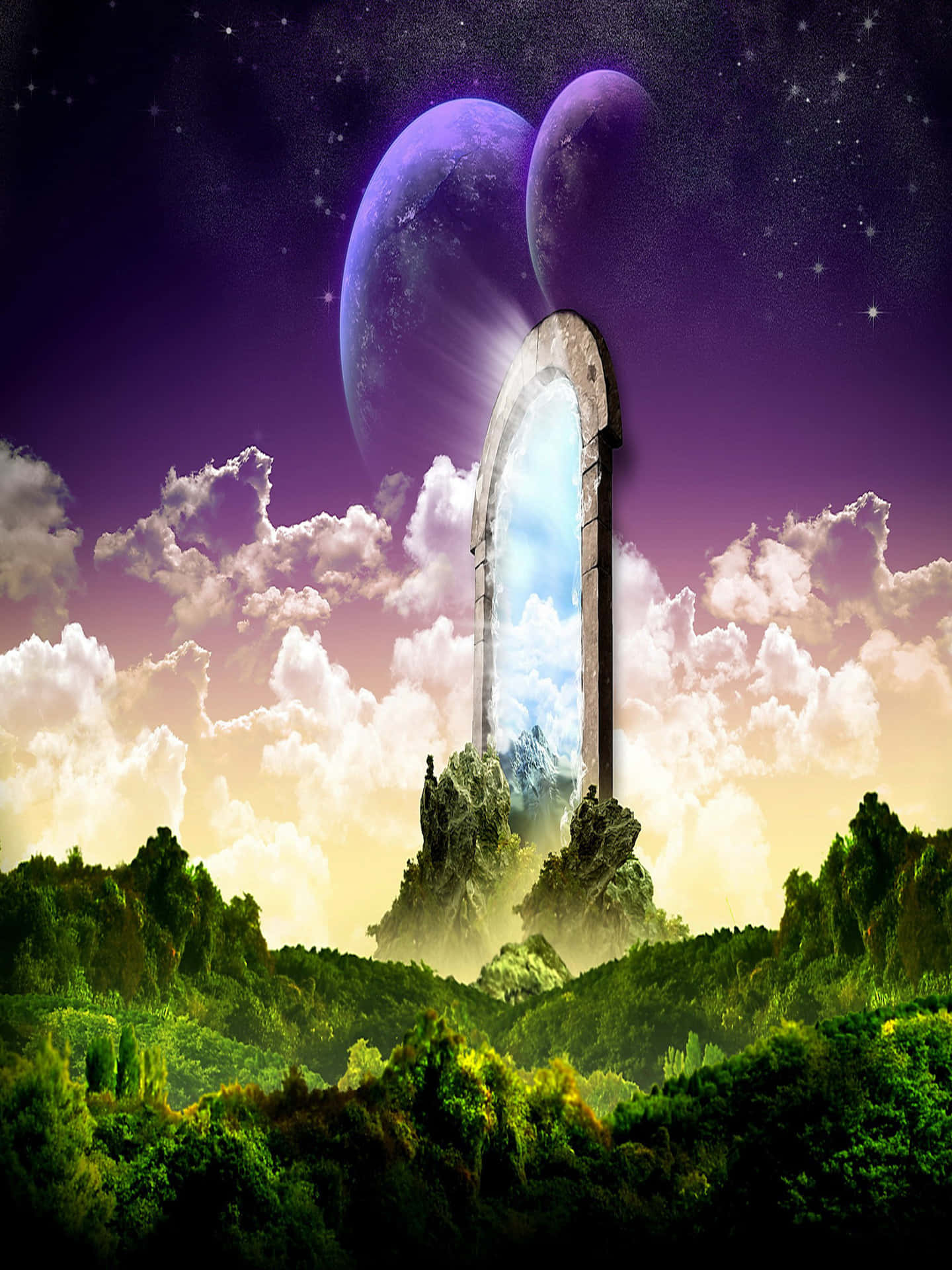 森林山谷中的石拱門，露出有兩顆紫色月亮和星星的天空。