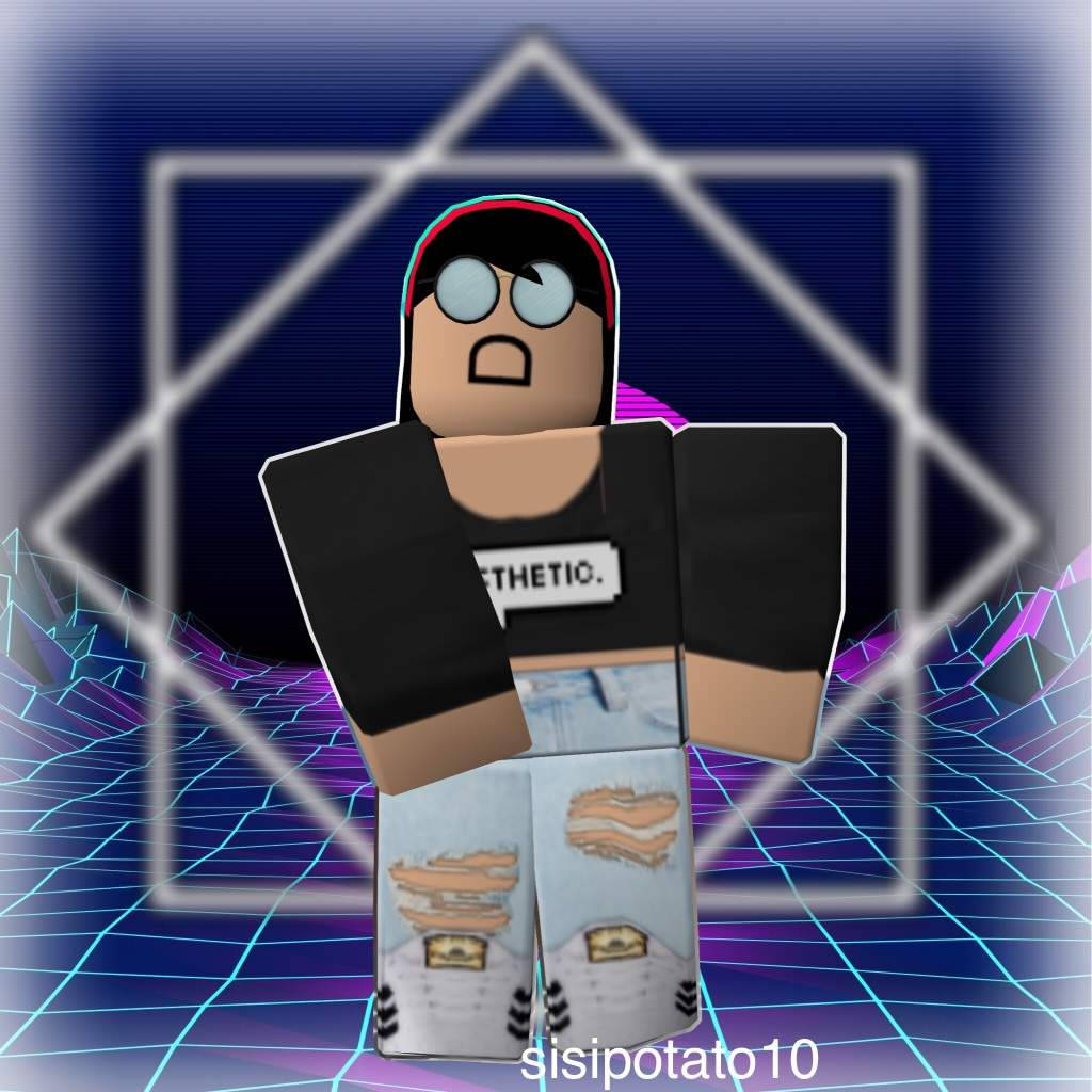 Roblox 角色在霓虹網格中，穿著破洞牛仔褲和帽子