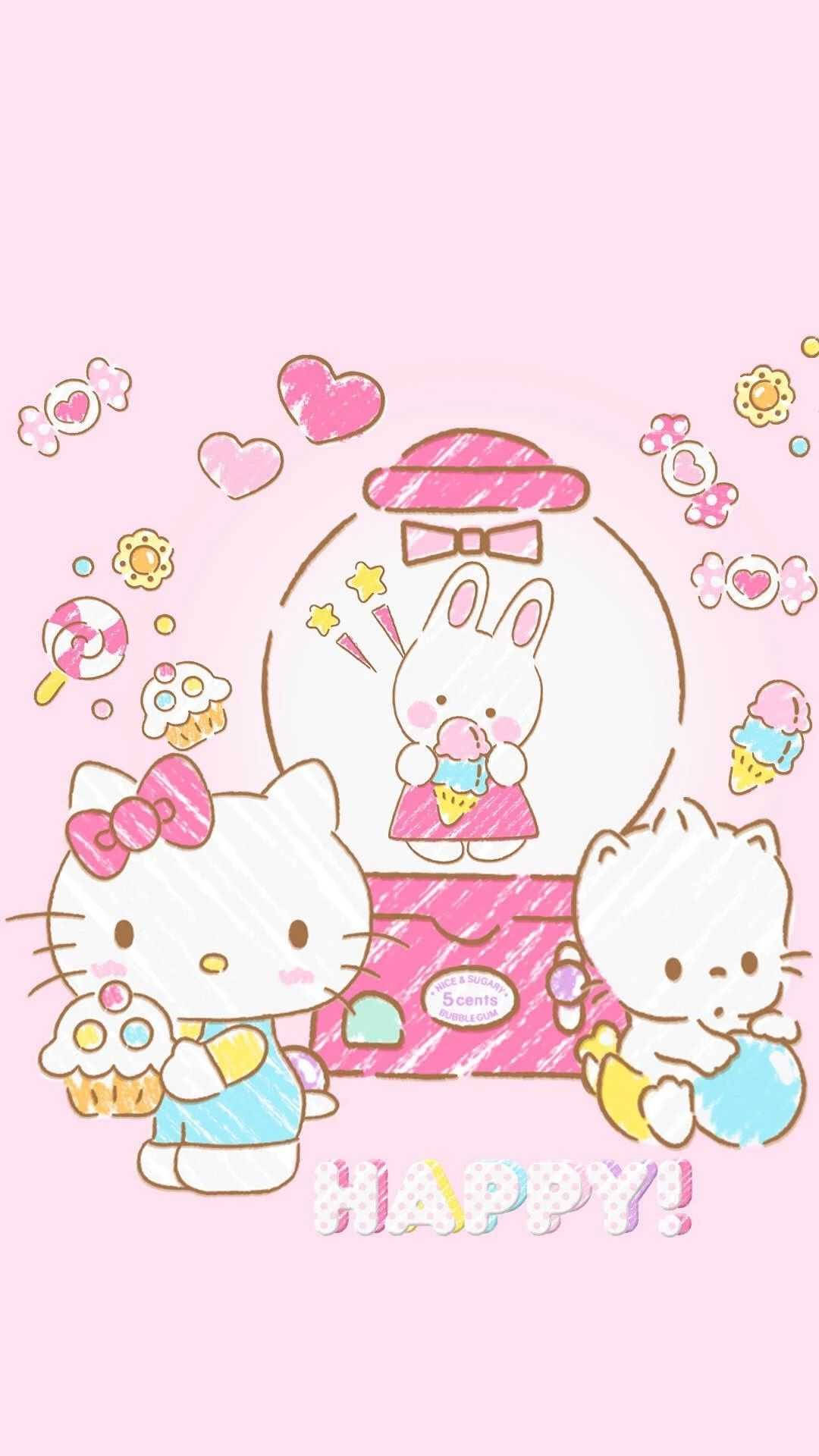 Hello Kitty 和朋友們帶著杯子蛋糕和冰淇淋在粉紅色扭蛋機附近。