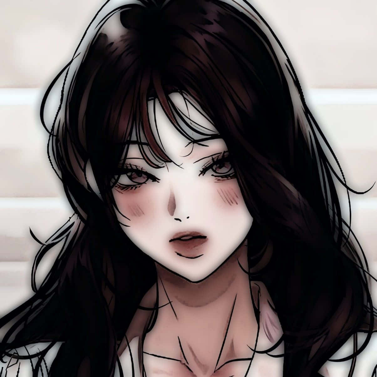深色頭髮和柔和腮紅的動漫女孩看著觀眾。