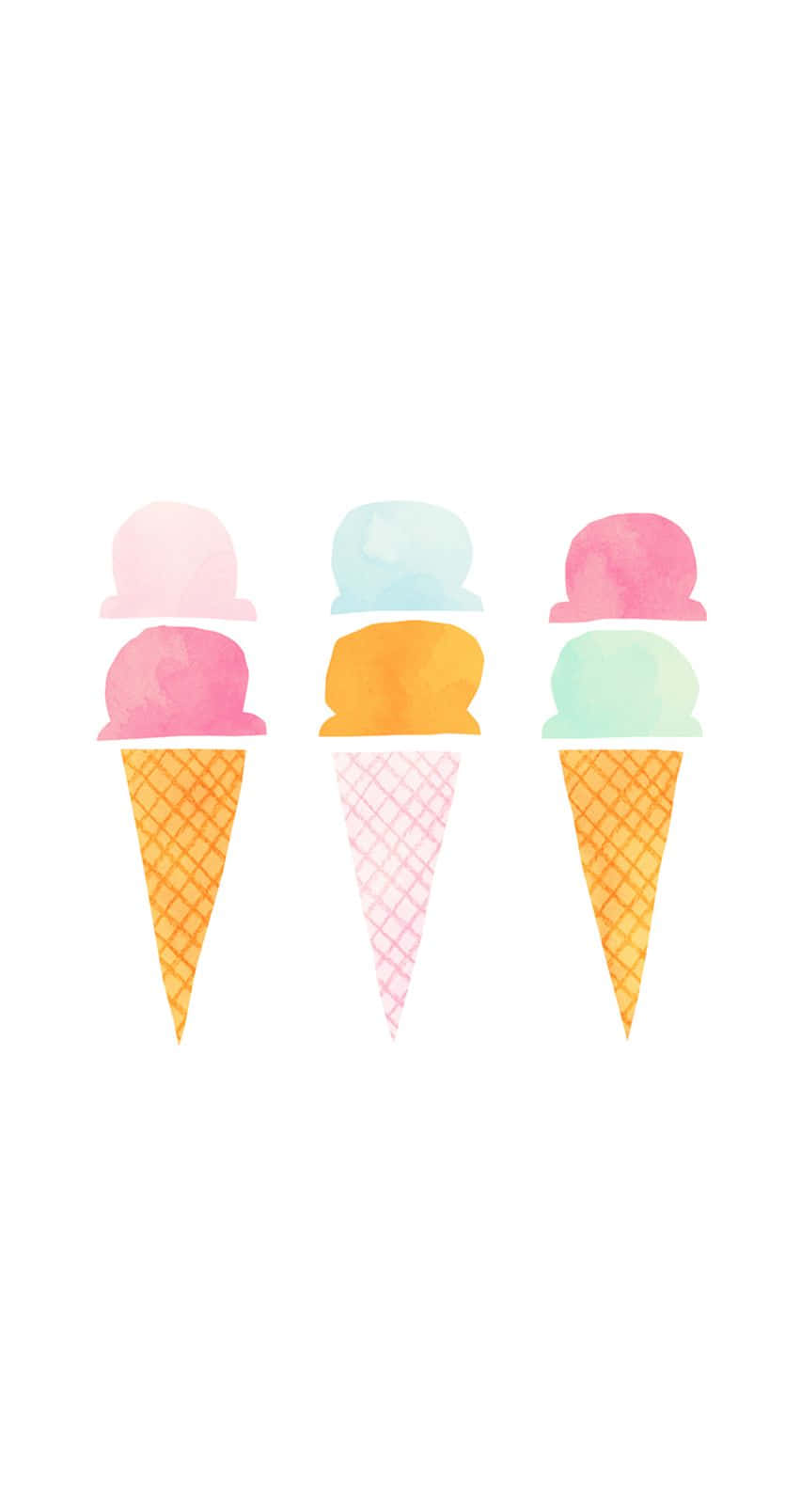 用可愛夏日 iPhone 展現你的趣味與果味 壁紙 — 三個水彩風格嘅雪糕筒，上面有柔和色調嘅雪糕球同窩夫筒，背景係白色。