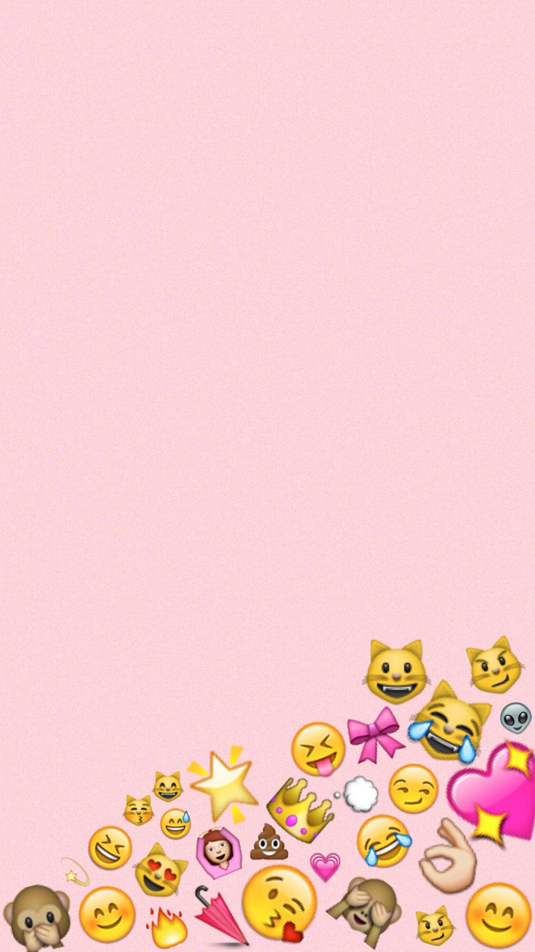 用可愛少女Emoji表達自我 壁紙 — 一系列色彩繽紛的表情符號散落在柔軟粉紅色背景的底部角落。