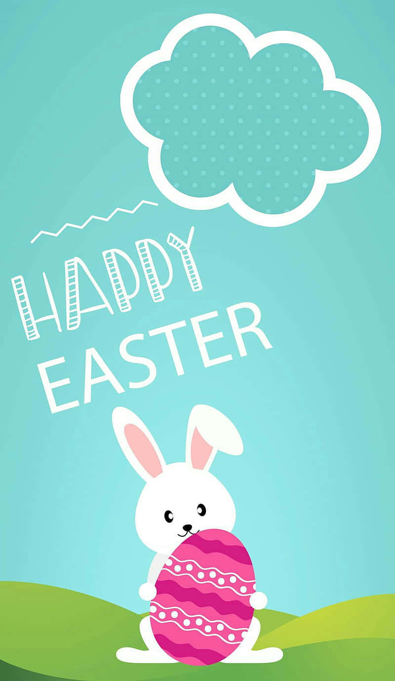 白兔拿著粉紅色復活蛋，帶有「Happy Easter」文字和雲朵。