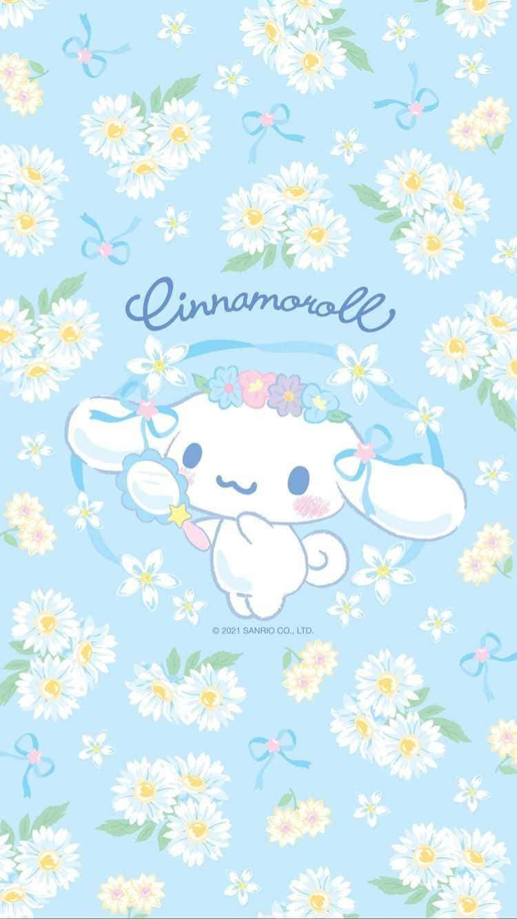 用可愛的 Cinnamoroll 手機，為你的壁紙注入新活力！ 壁紙 — Cinnamoroll 在柔和的粉藍色背景上，於雛菊和藍色蝴蝶結的花田中甜美微笑。