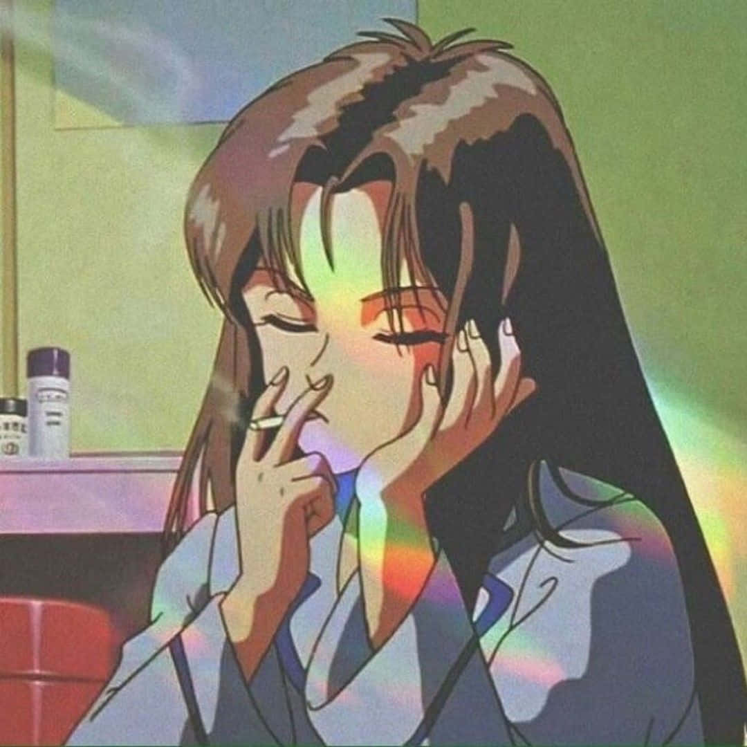 用可愛美學頭像增添趣味 壁紙 — 一個憂鬱的動漫女孩，長長的棕色頭髮，抽著煙，頭靠在手上，靠著柔軟的綠色牆壁。
