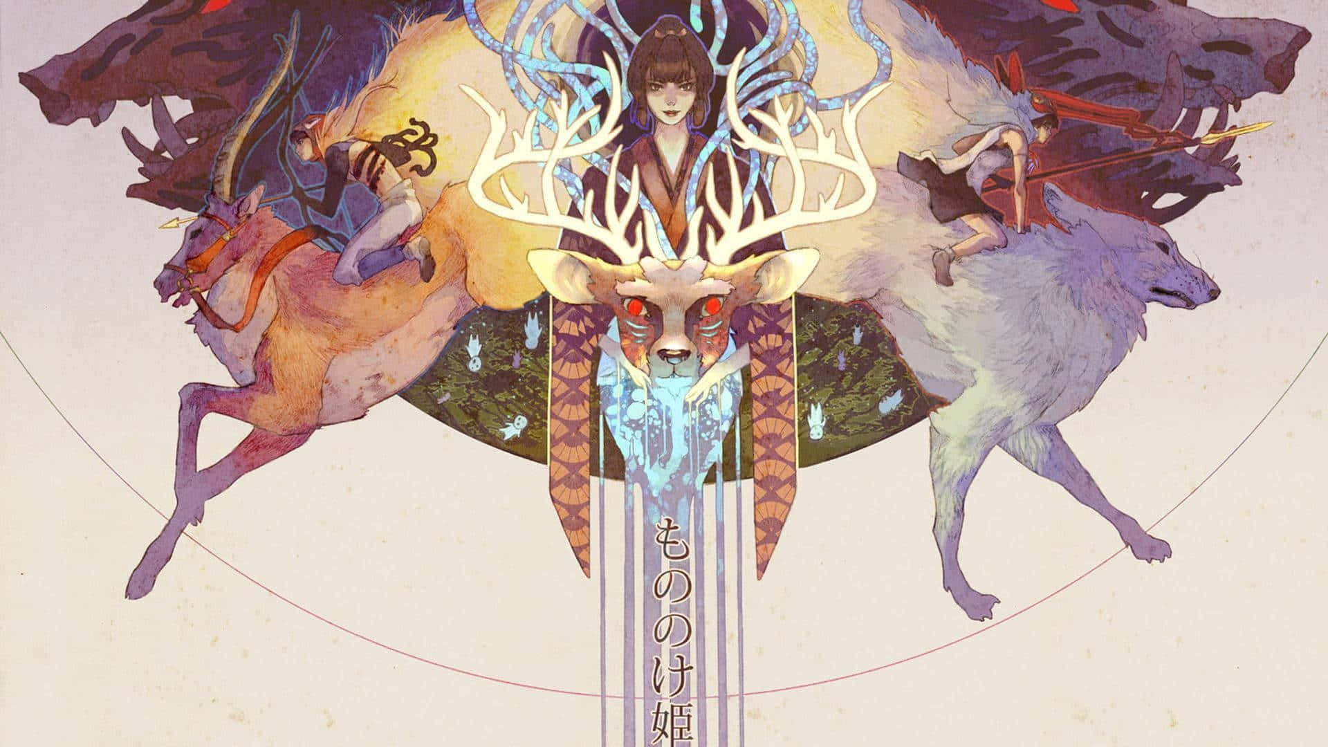 神秘動漫場景，鹿頭靈體兩側有騎鹿者和騎狼者。