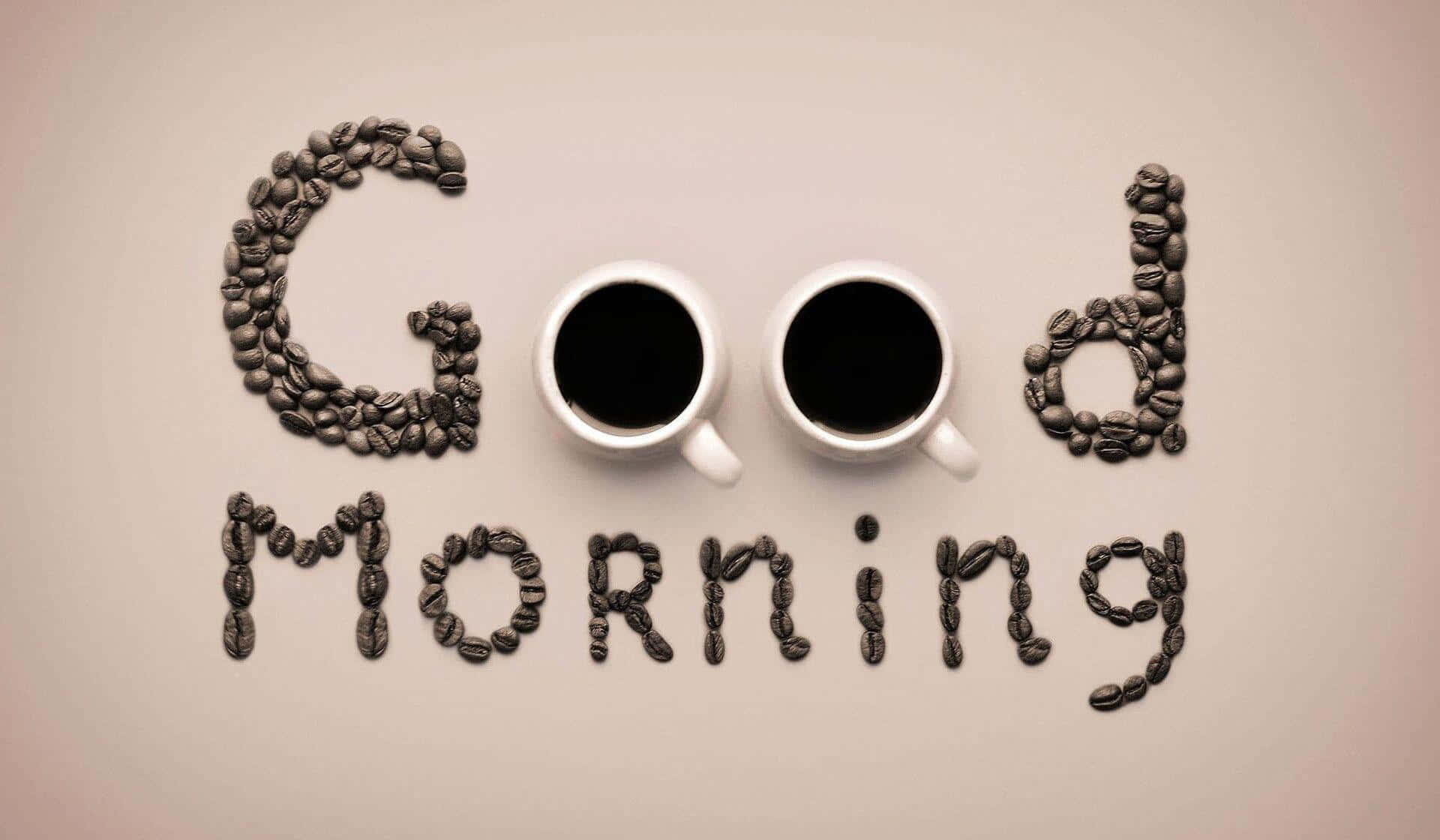 Good Morning 桌布 壁紙 — 用咖啡豆拼出「早晨」字樣，配上兩杯黑咖啡的白杯，置於柔軟米色表面上。