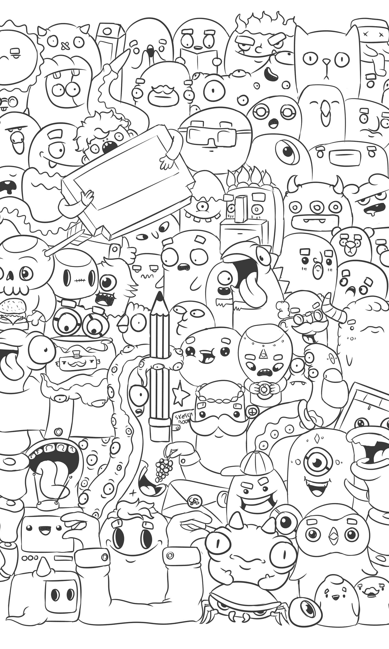 用塗鴉探索你的創意一面 壁紙 — 一幅密集的黑白線條畫，描繪數十個可愛古怪的卡通角色和物件緊密地擠在一起。