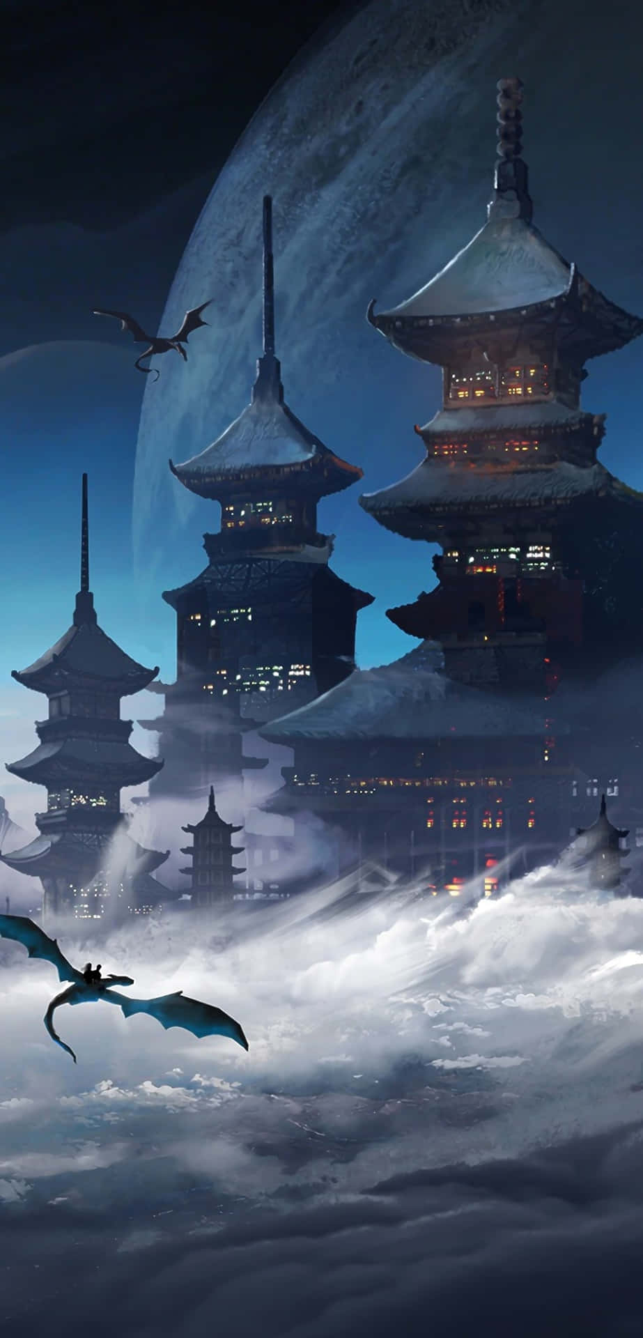 幻想寶塔漂浮雲端，巨龍在巨大月亮下飛翔。