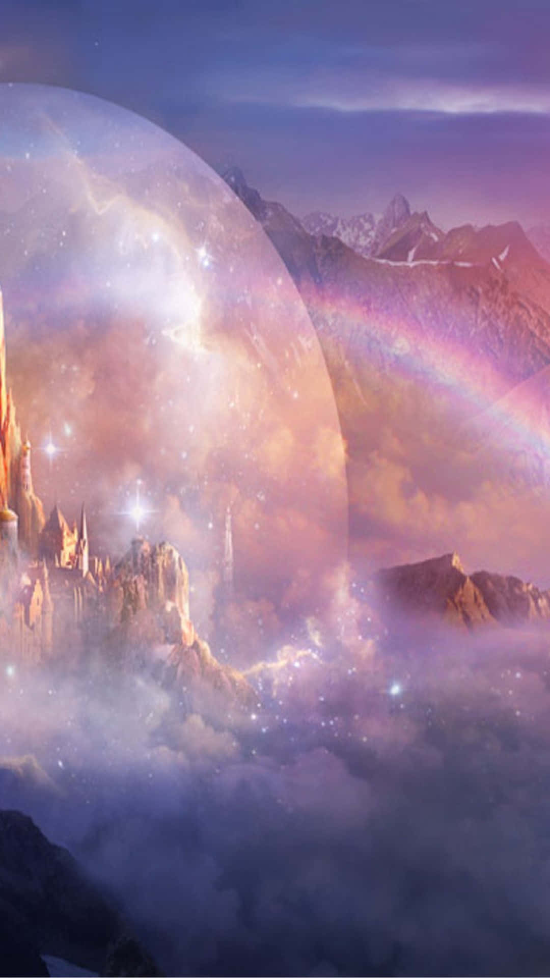 城堡漂浮在雲端之上，下方是發光的宇宙球體和彩虹。
