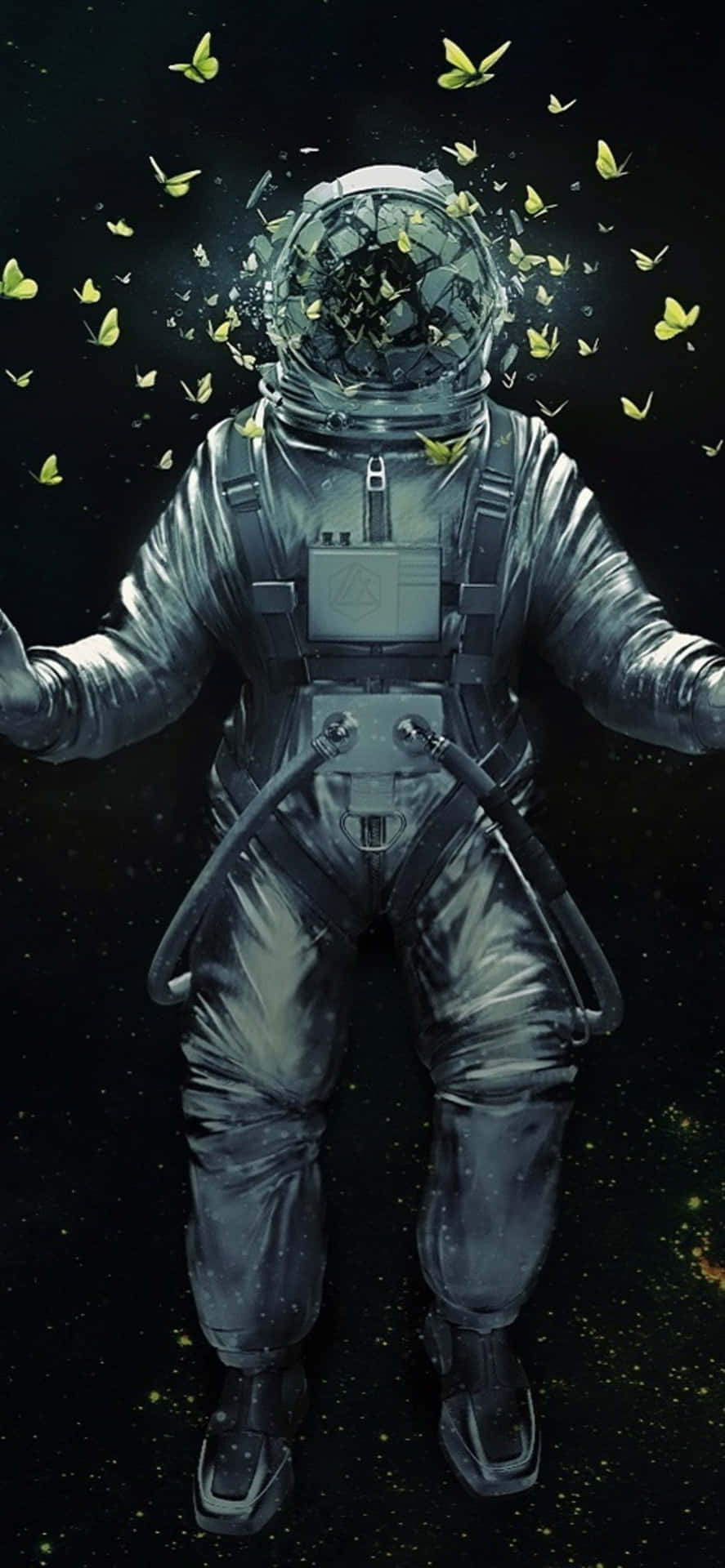 太空人戴著破裂頭盔在太空中釋放黃色蝴蝶。