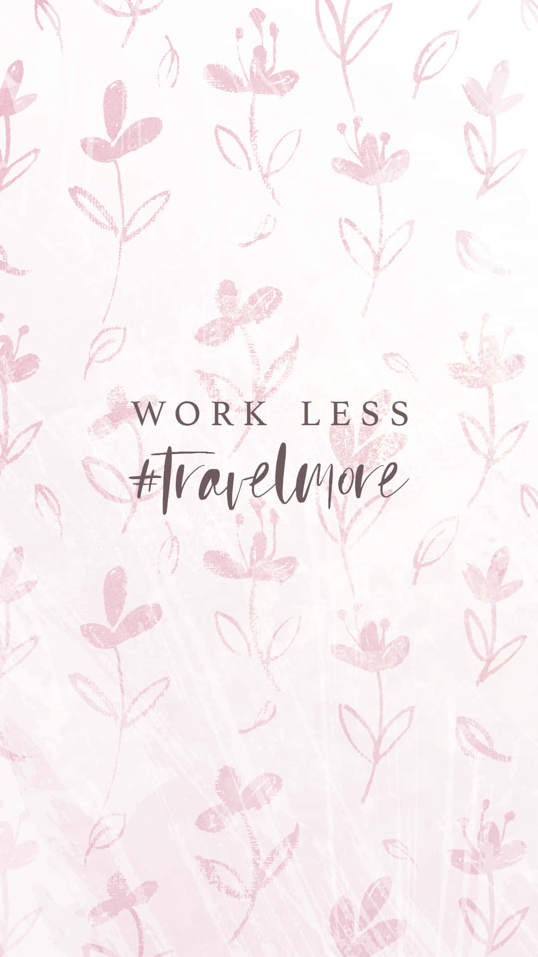 奶油色背景上帶有「work less travel more」文字的粉紅色花卉圖案