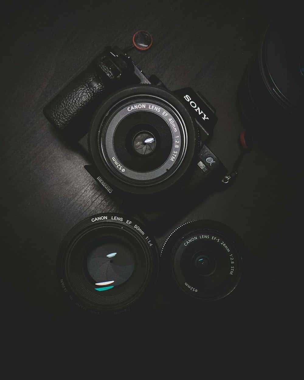 Sony相機和Canon鏡頭排列在深色表面上。