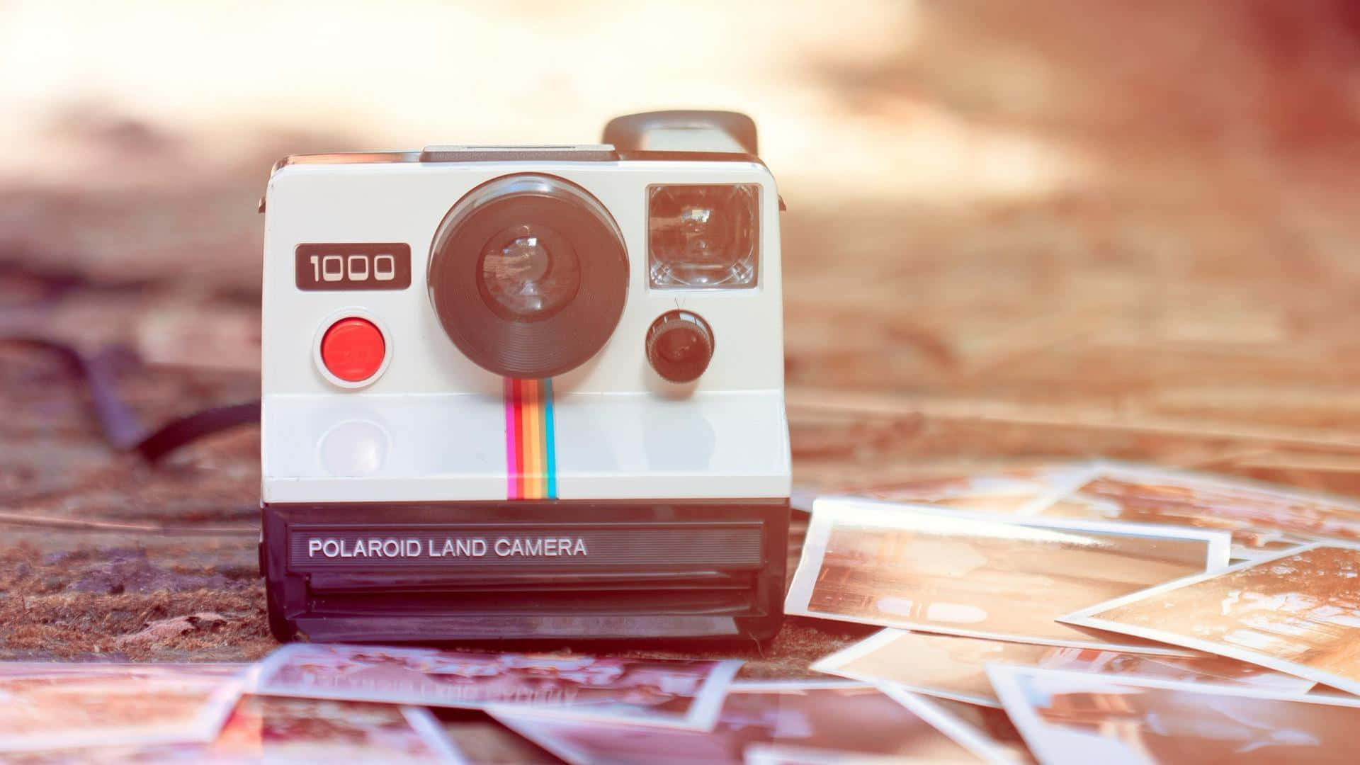 復古Polaroid相機被散落在木頭上的即影即有照片包圍。