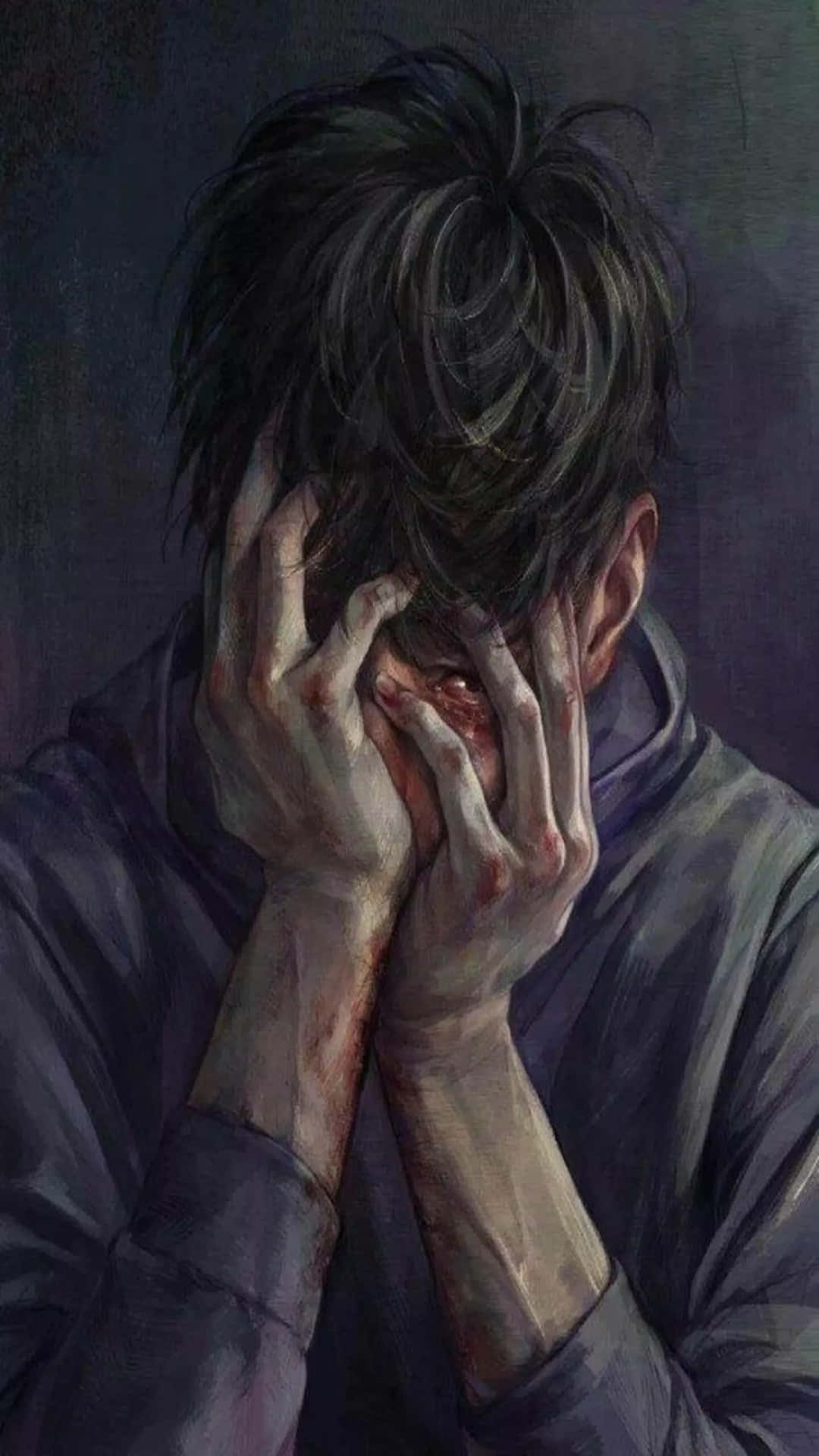 一個沾滿血的手遮住臉的痛苦的人。