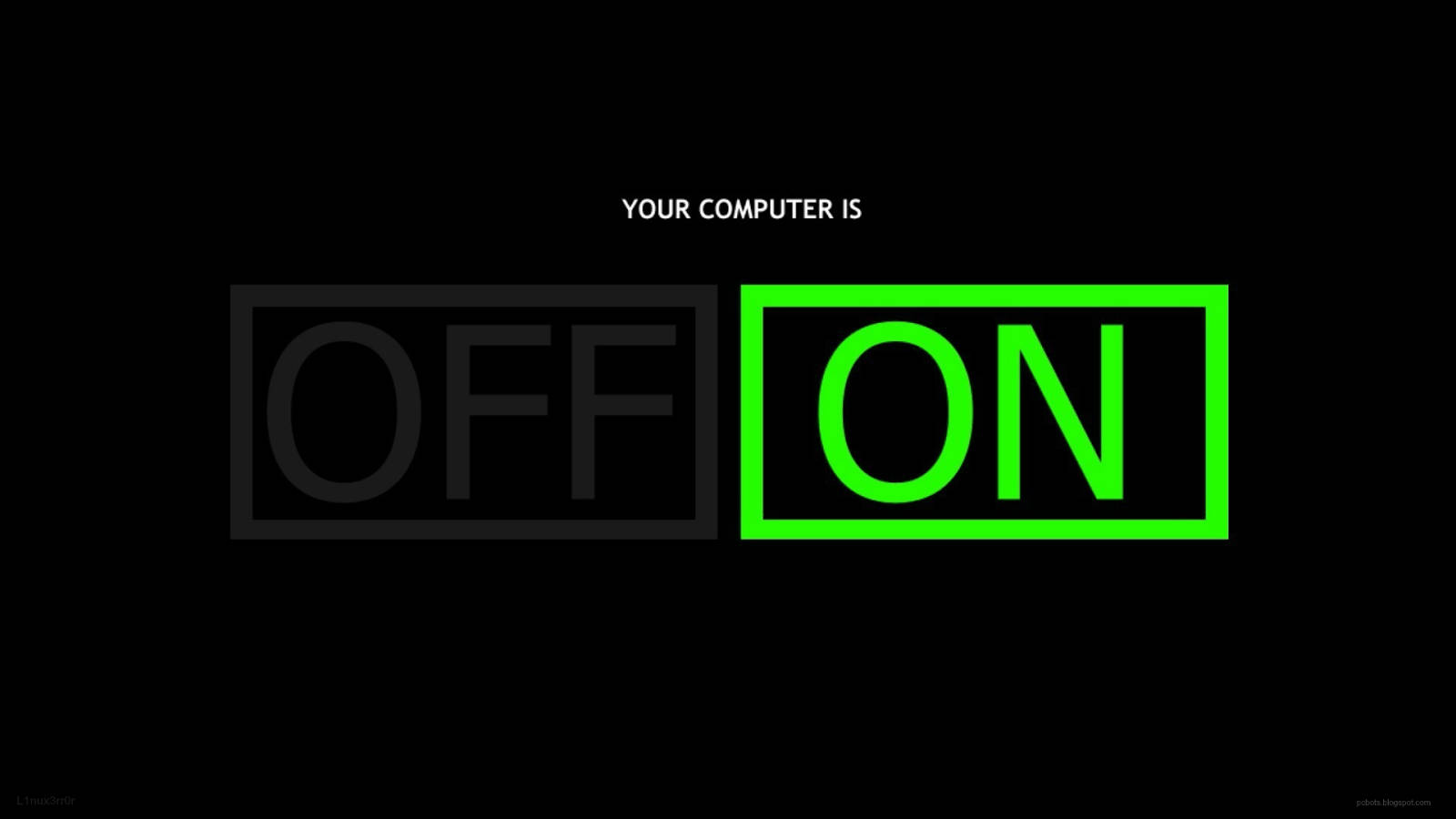 數位文字圖形，在黑色背景上顯示亮綠色的「ON」和褪色灰色的「OFF」。