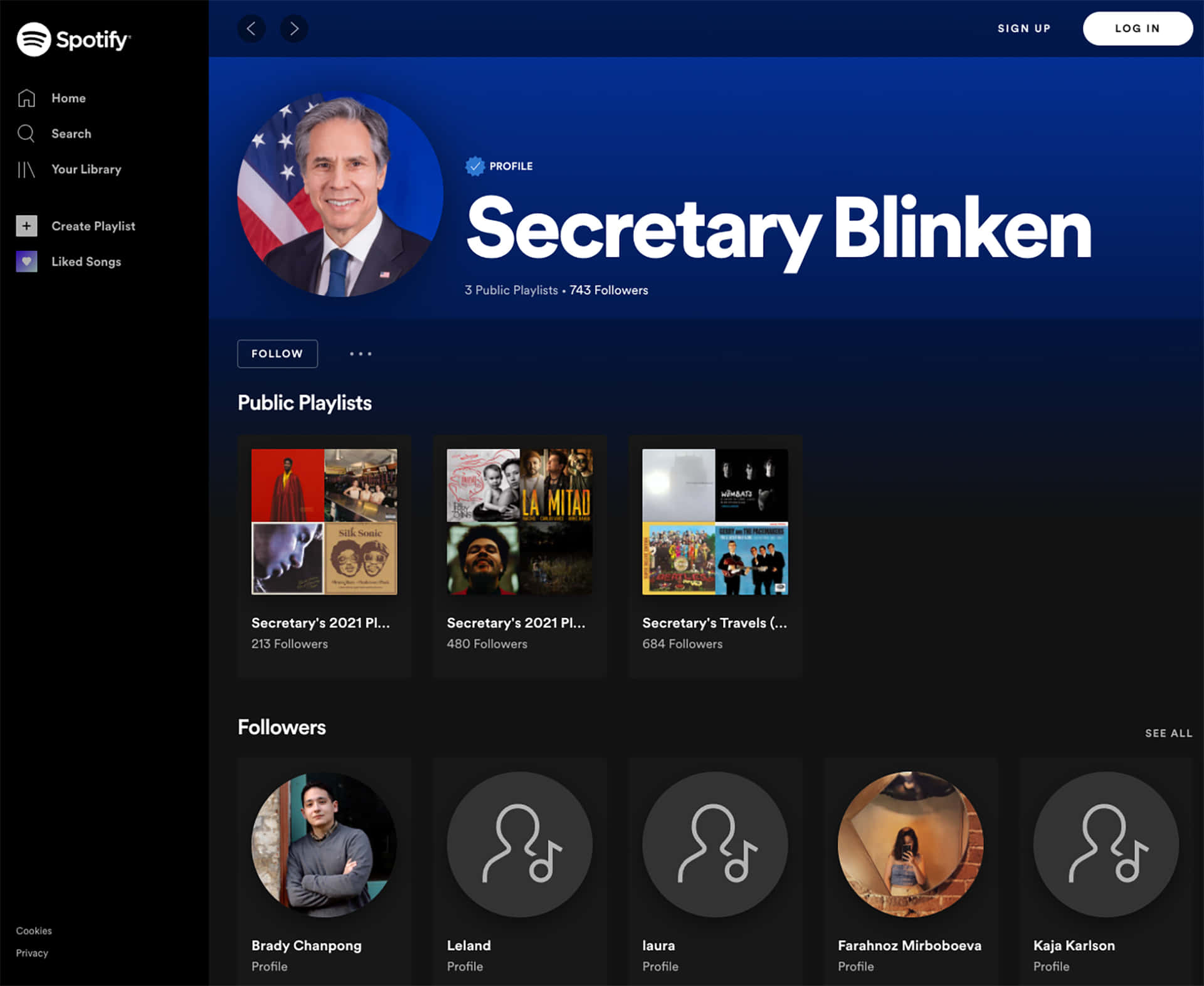 Secretary Blinken 的 Spotify 個人資料頁面，包含播放清單和追蹤者。