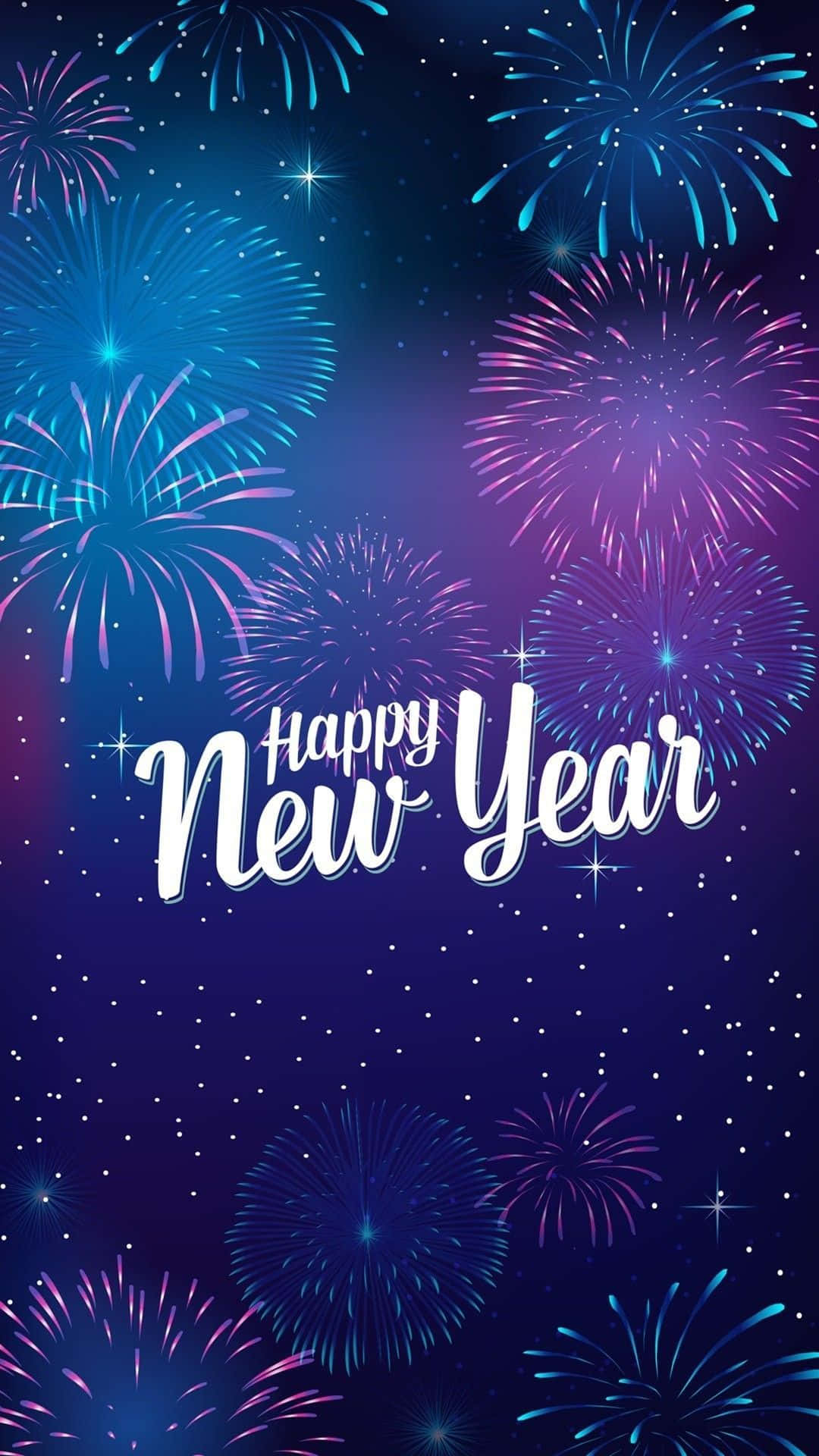 藍色和紫色煙火在繁星點點的夜空中綻放，並帶有「Happy New Year」文字。
