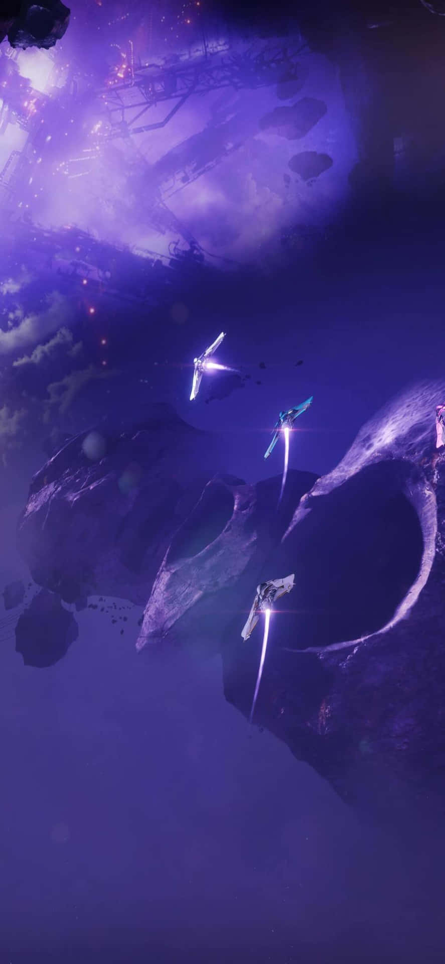三艘發光的太空船在紫色星雲中靠近小行星遺跡飛行。