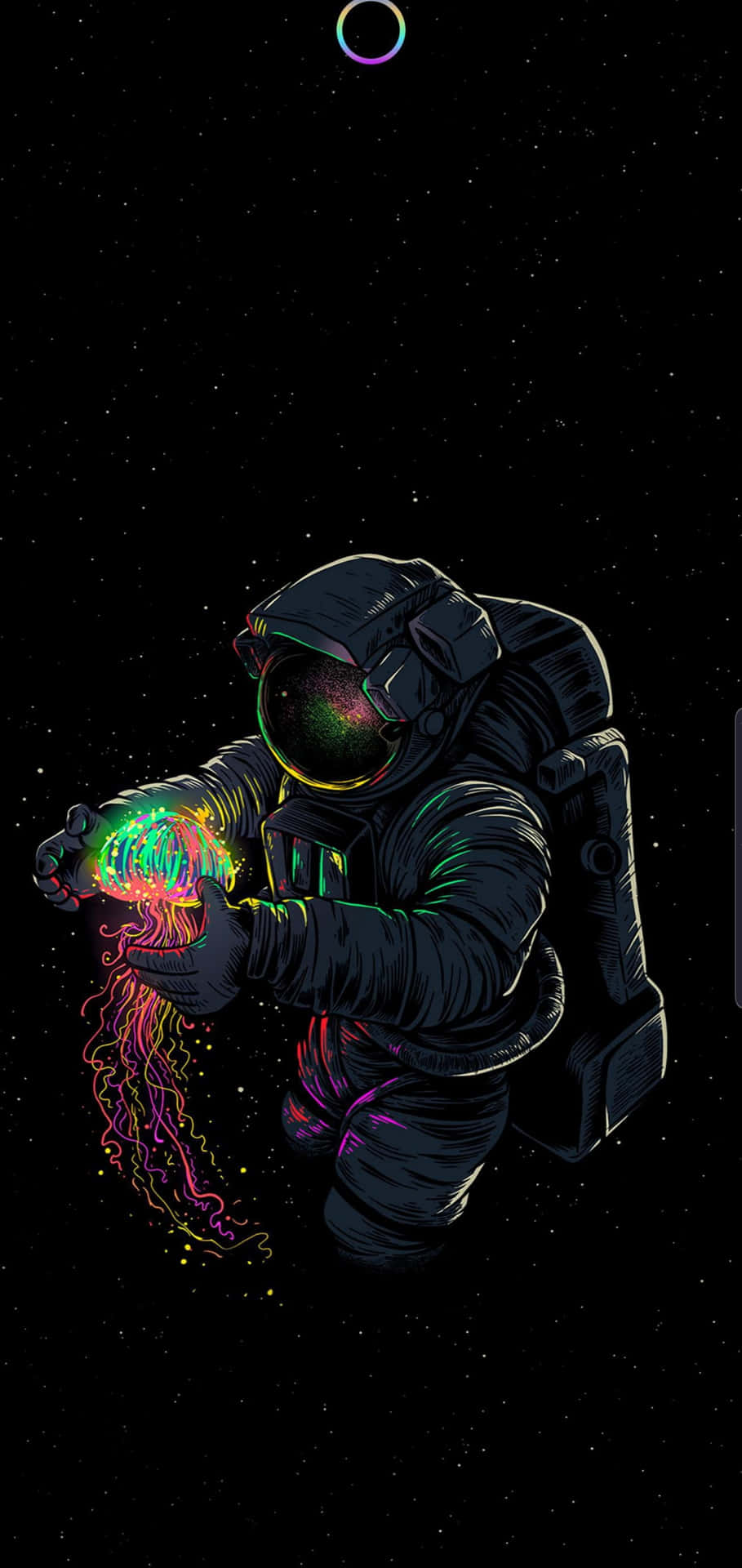 太空人在太空中漂浮，手持一個發光的霓虹水母。