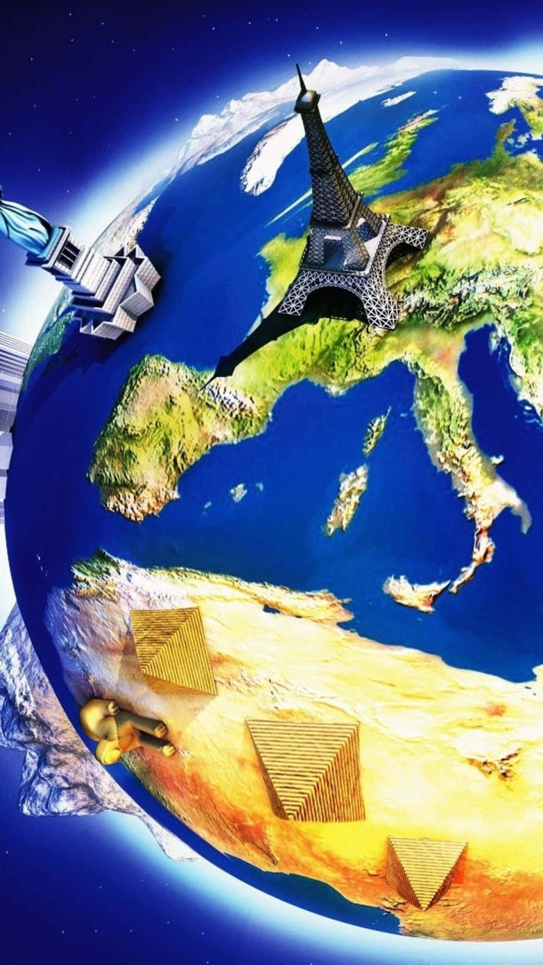 地球儀上漂浮著艾菲爾鐵塔和金字塔等地標，背景為太空。
