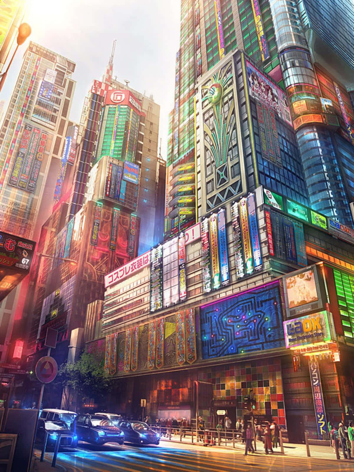 夕陽下未來風格的東京街道，霓虹燈招牌和發光的建築。