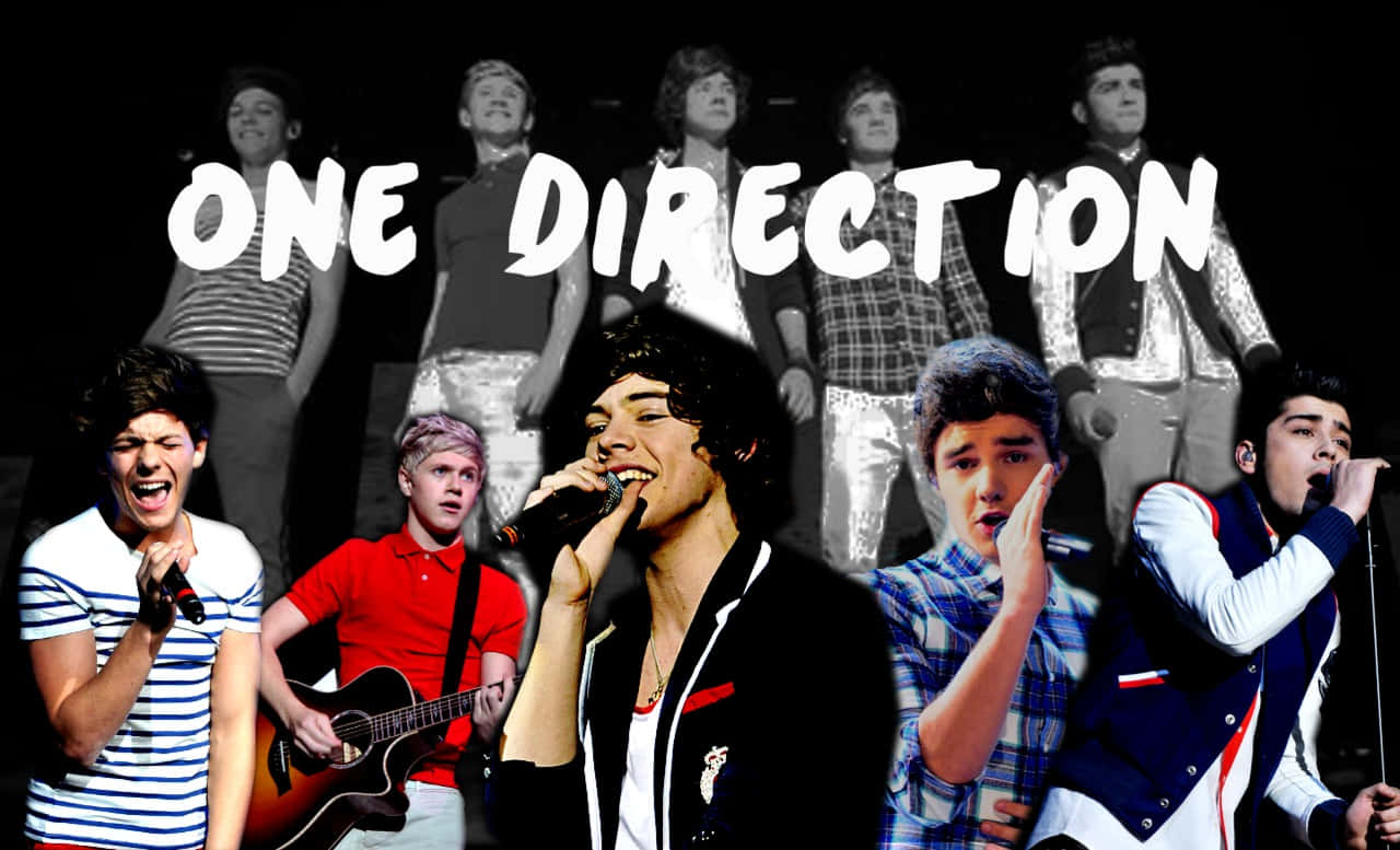 One Direction 樂隊在舞台上手持麥克風和結他現場表演。