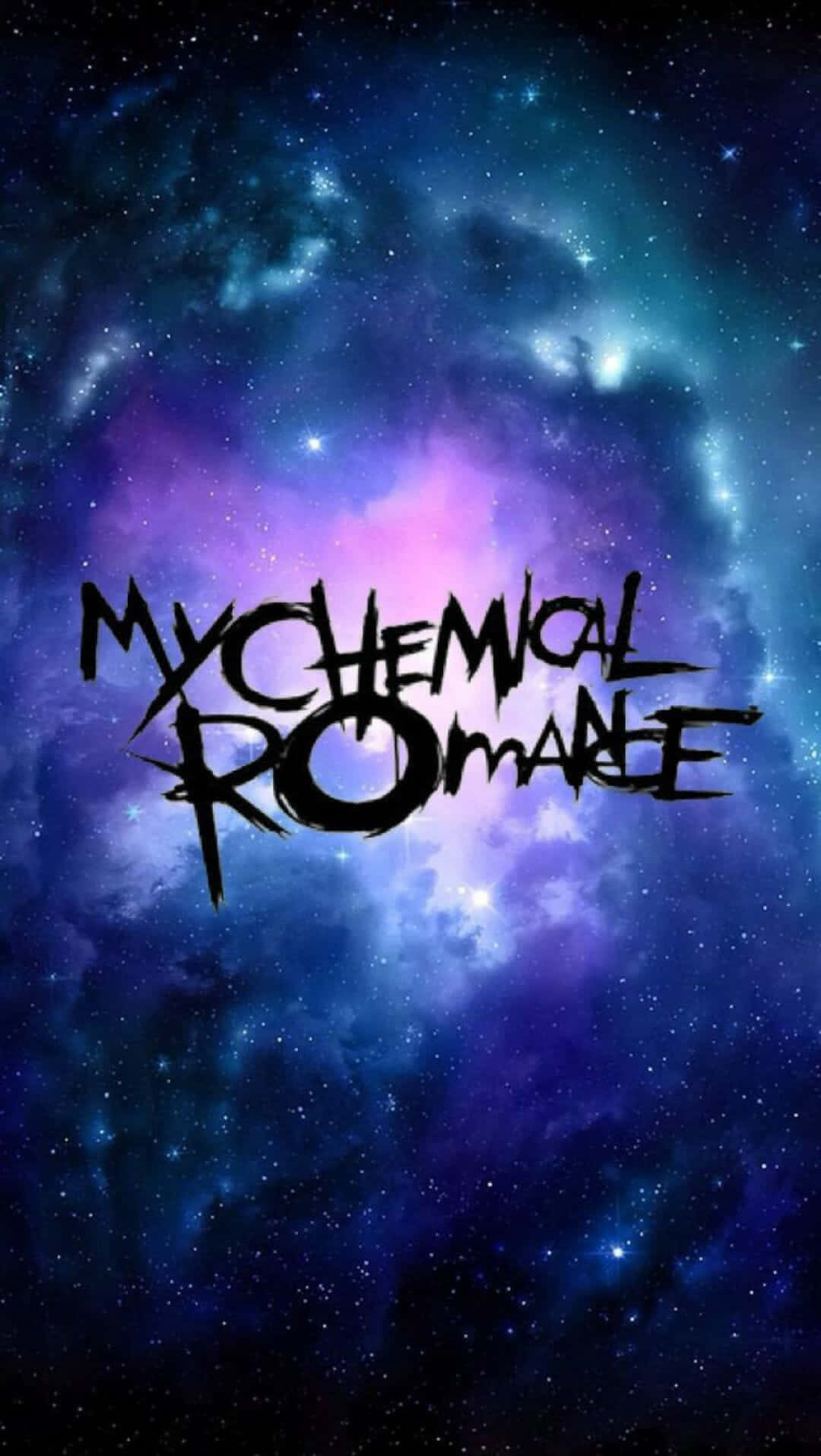 My Chemical Romance 樂隊標誌在色彩繽紛的宇宙星雲背景上。