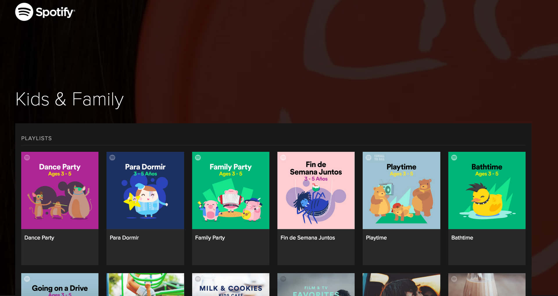Spotify Kids & Family 播放清單，附有卡通封面，適合跳舞、睡前和家庭樂趣。