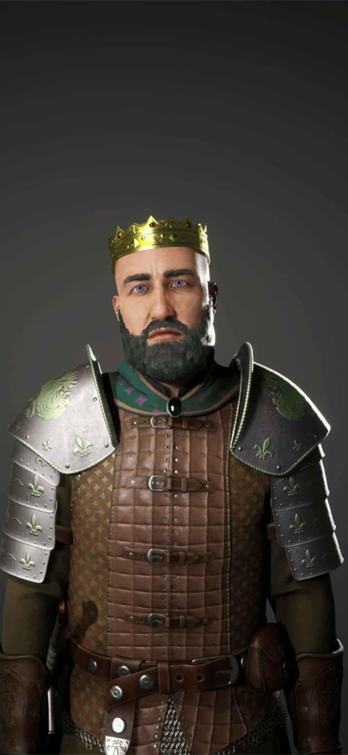 用最新 iPhone XS 探索 Mordhau 的世界 壁紙 — 一位威嚴的鬍鬚國王，戴著華麗的金色王冠和精細的中世紀盔甲，站在深色漸變背景前。