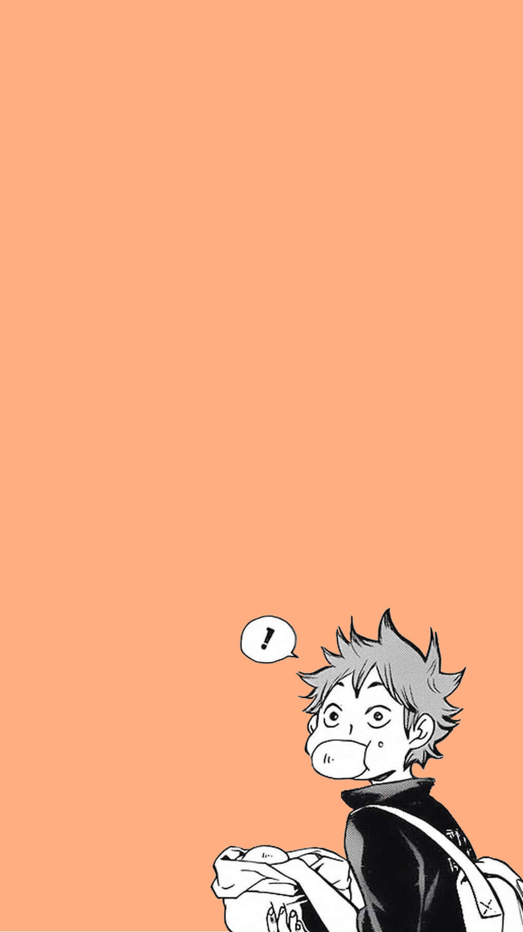 頭髮尖尖的動漫男孩在桃色背景下驚訝地抬頭看。
