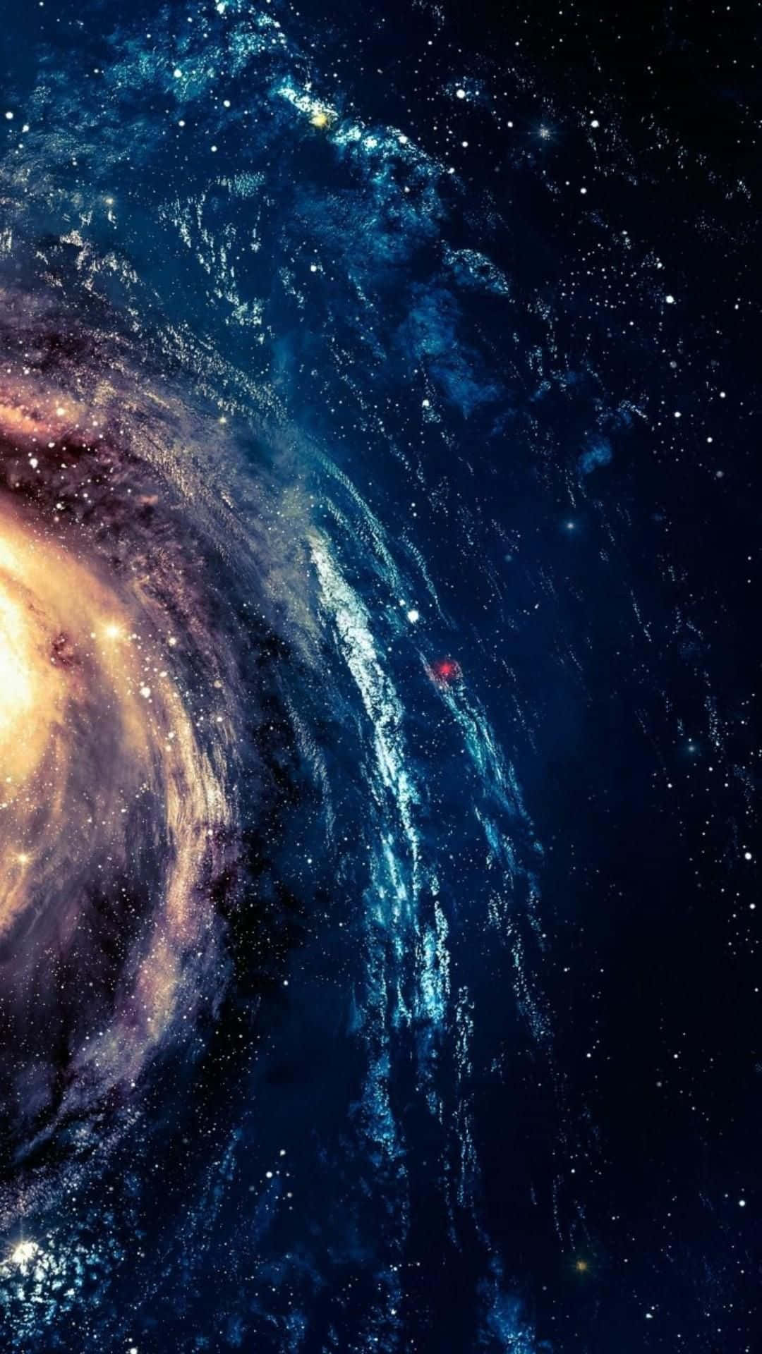 充滿活力的螺旋星系，旋轉的藍色和金色塵埃以及無數的星星。