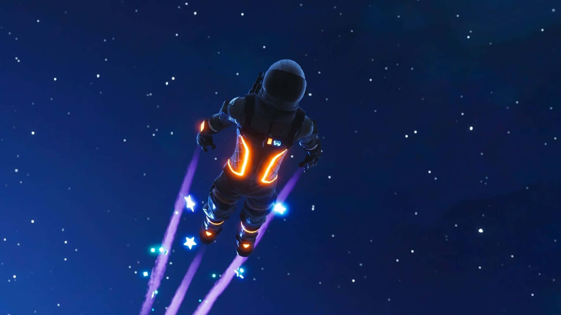 穿著發光太空衣的太空人在星空中飛行，留下彩色軌跡