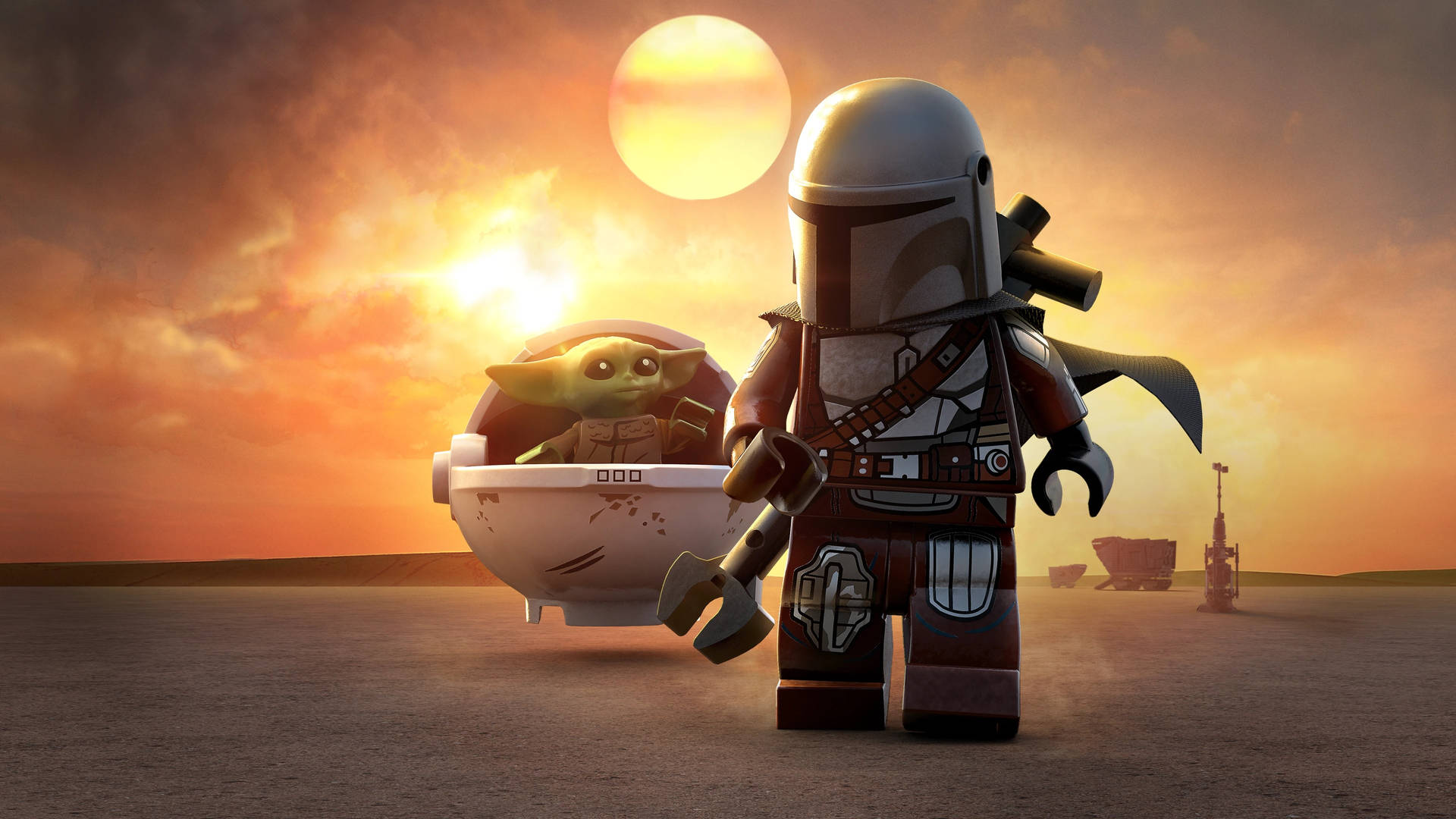 LEGO 曼達洛人與古古在沙漠夕陽下
